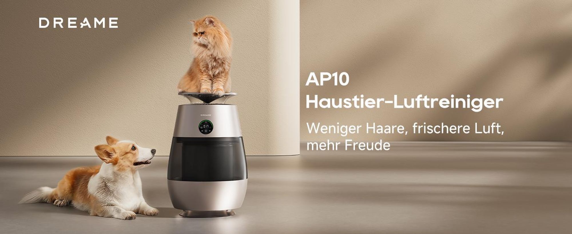 Dreame AP10 Luftreiniger für Haustiere mit 360°Luftumwälzsystem, fünfstufiger Reinigung,transparentem Behälter,gewölbter Oberseite, LED,App-Steuerung