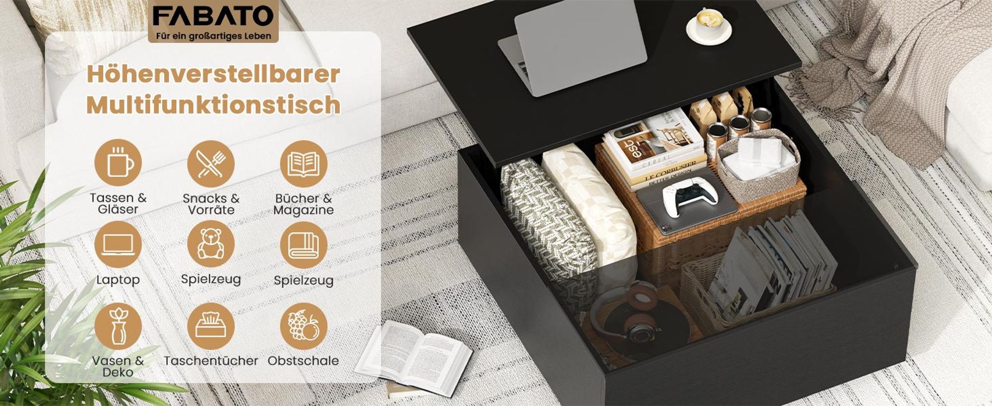 FABATO Couchtisch eckig, höhenverstellbar mit verstecktem Staufach, Landhaus-Design in Schwarz