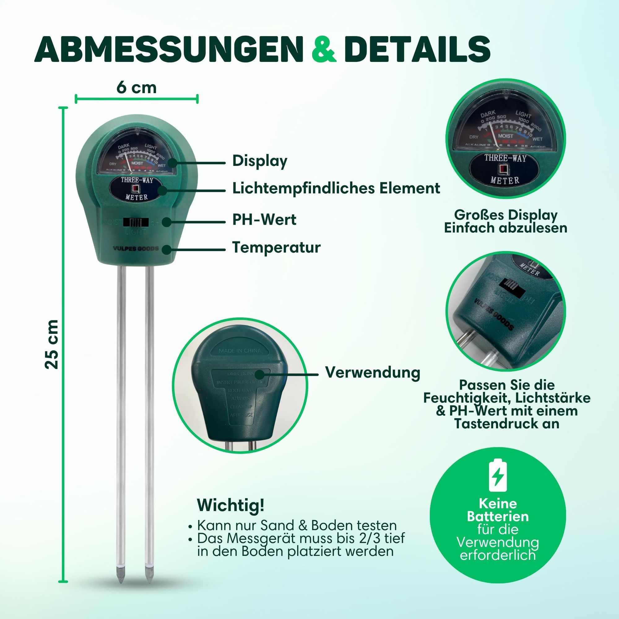 Vulpes Goods Boden Feuchtigkeitsmessgerät, Für Pflanzen, 3-in-1, Feuchtigkeitsmesser für die Gartenarbeit, pH Licht, Blumen, Pflanzen, Boden testen