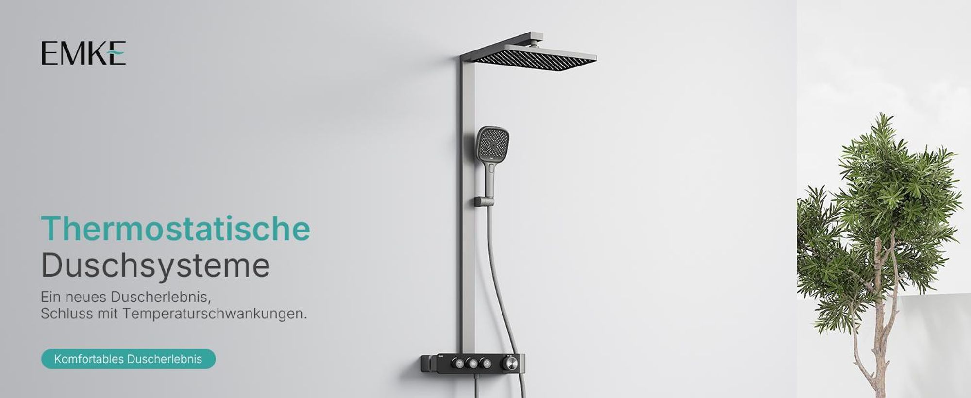 EMKE Duschsystem mit Thermostat Duschsäule Matt Anthrazit mit 360×240mm Regendusche eckig, Badewannenauslauf, Wassermengenregler & Glasablage F27