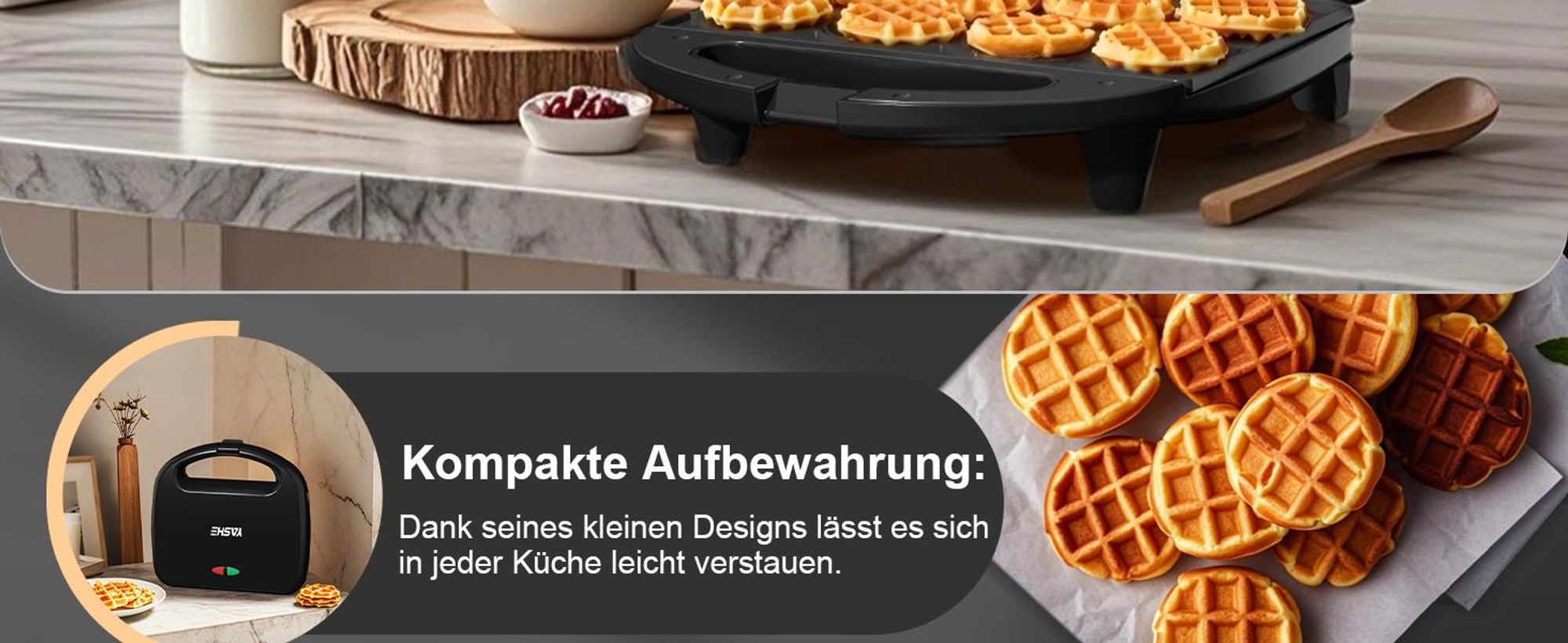 YASHE Mini Waffelmaker 8x5cm Waffeln Antihaft Kompakt Ideal für Frühstück