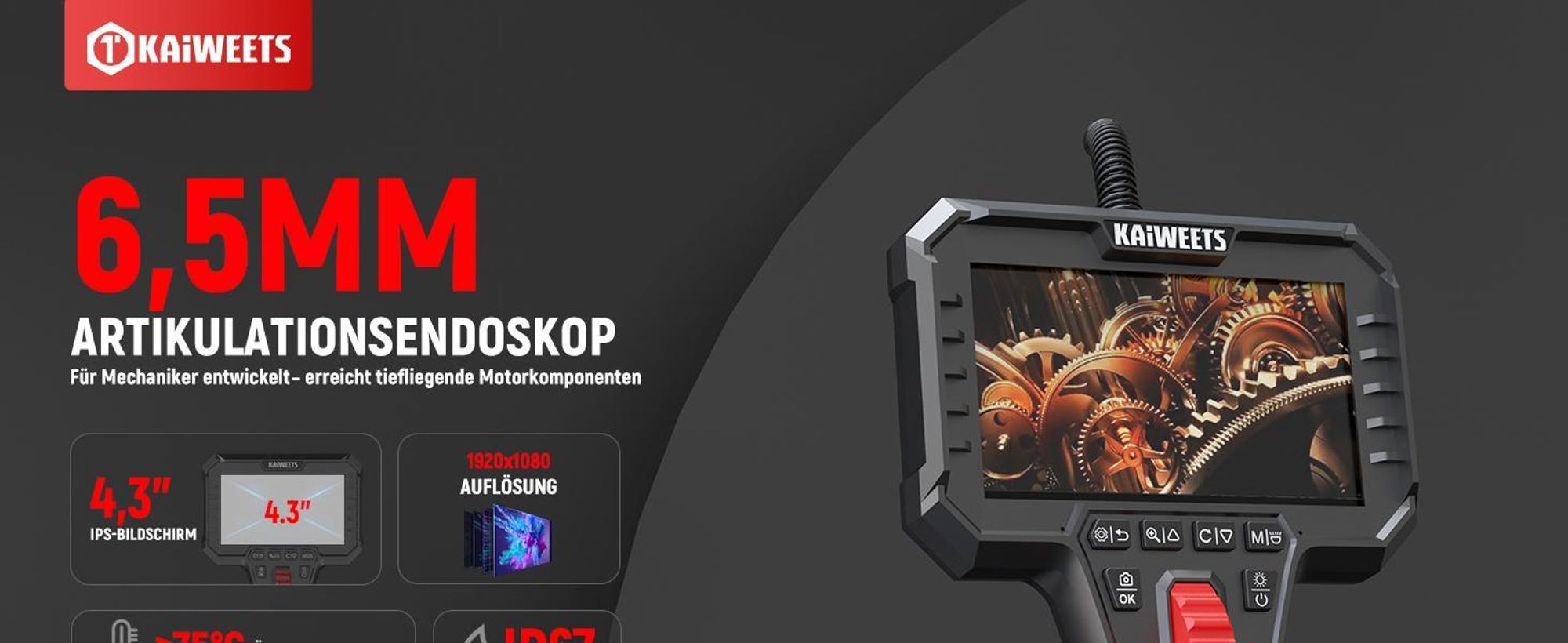 KAIWEETS KBA02 Inspekční kamera 6,5 mm, 1080P IPS displej, 210° kloubový pohyb