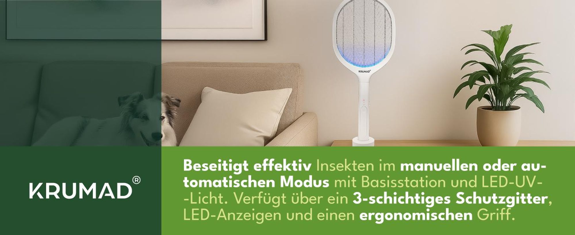 KRUMAD Elektrische Fliegenklatsche 2-in-1 – USB-C aufladbar, LED, 3-lagiges Schutznetz & Standfuß – Insektenvernichter gegen Mücken, Fliegen & Wespen