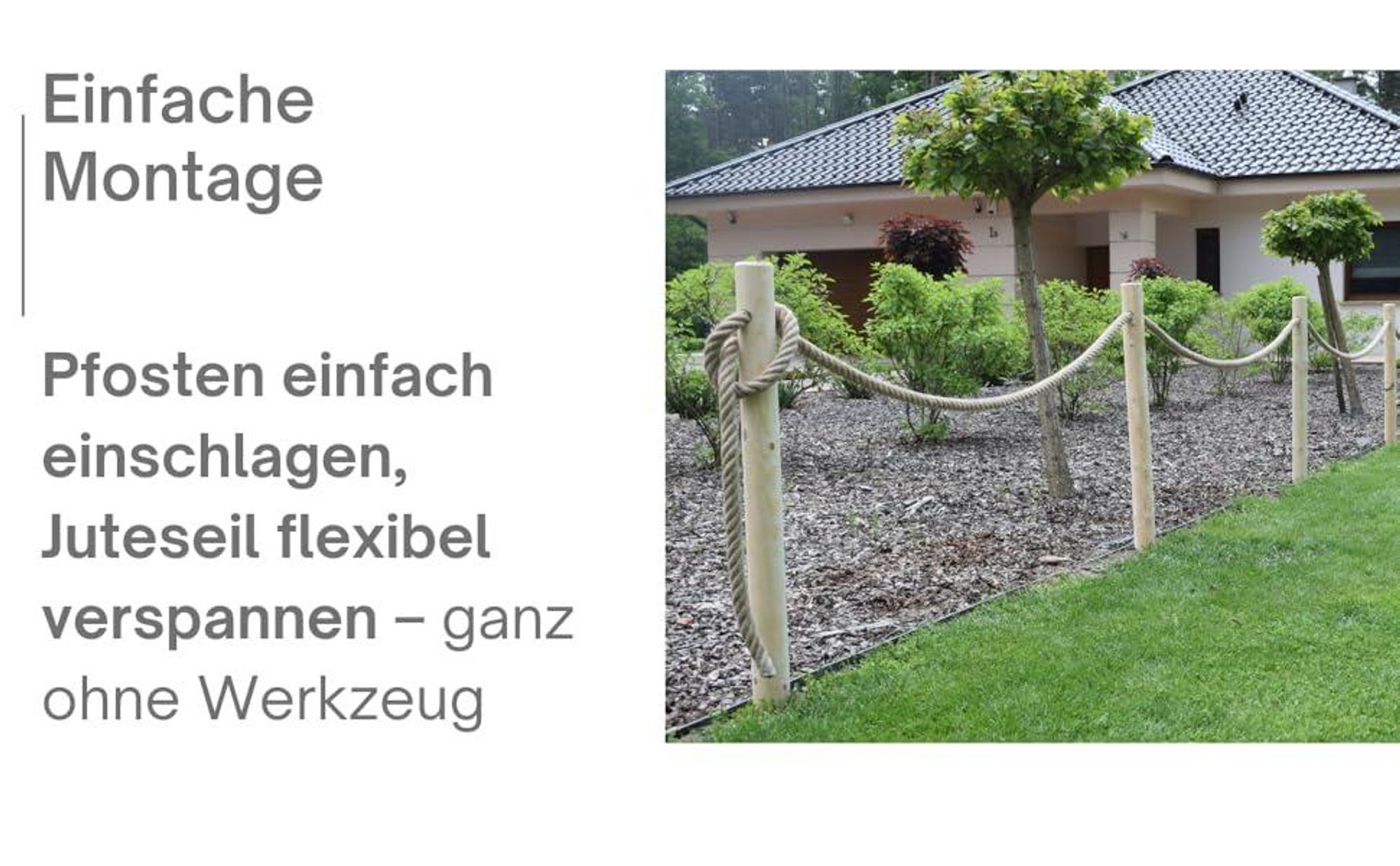 TIMBERMIK Holzzaun Set – 6 Holzpfosten Ø8x120 cm + 12 m Juteseil, Gartenzaun, natur, unbehandelt, Staketenzaun