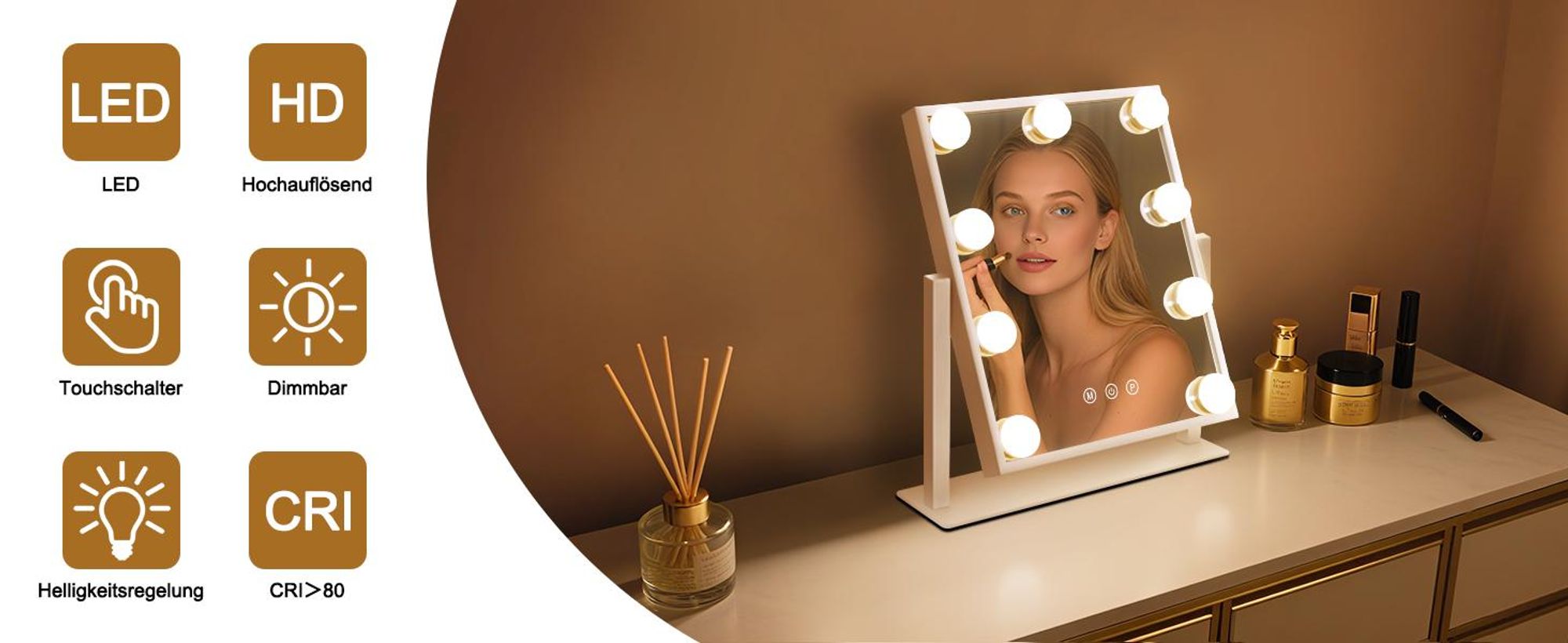 ZMH Schminkspiegel mit Beleuchtung Hollywood Spiegel Vanity Mirror mit 9 LED Klein Kosmetikspiegel mit Licht 360° Drehung Tischspiegel 3 Modi schminktischspiegel Touch Hollywoodspiegel Dimmbar