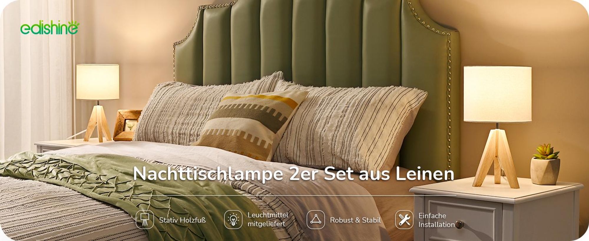EDISHINE 2er Set Nachttischlampe Holz, LED-Tischlampe inkl. Leuchtmittel, Vintage Tischleuchte für Schlafzimmer, Wohnzimmer, Geschenk