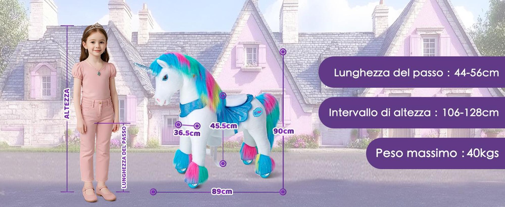 PonyCycle Modello Y Unicorno Cavalcabile di Peluche per Bambini dai 4 ai 7 Anni, Unicorno Arcobaleno su Ruote con Suoni e Freno – Y454