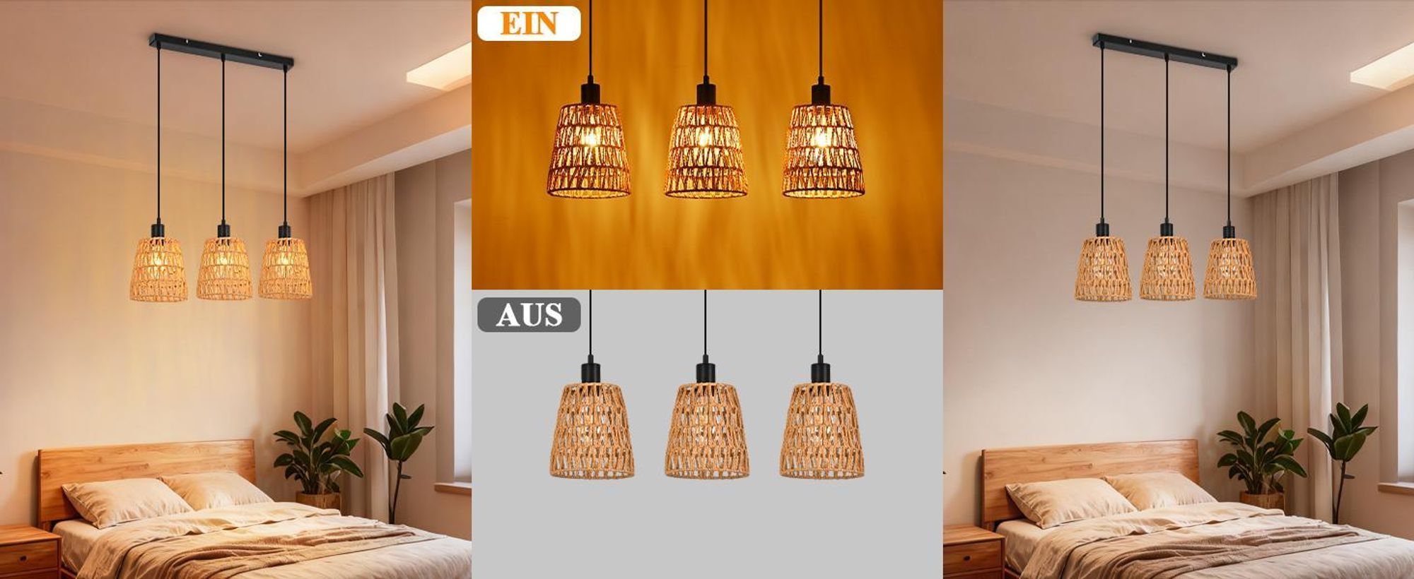 ZMH Hängelampe Boho Pendelleuchte Rattan 3 Flammig Esstischlampe Retro Geflochten Hängeleuchte Lampenschirm Hanfseil E27 Pendellampe Ohne Leuchtmittel