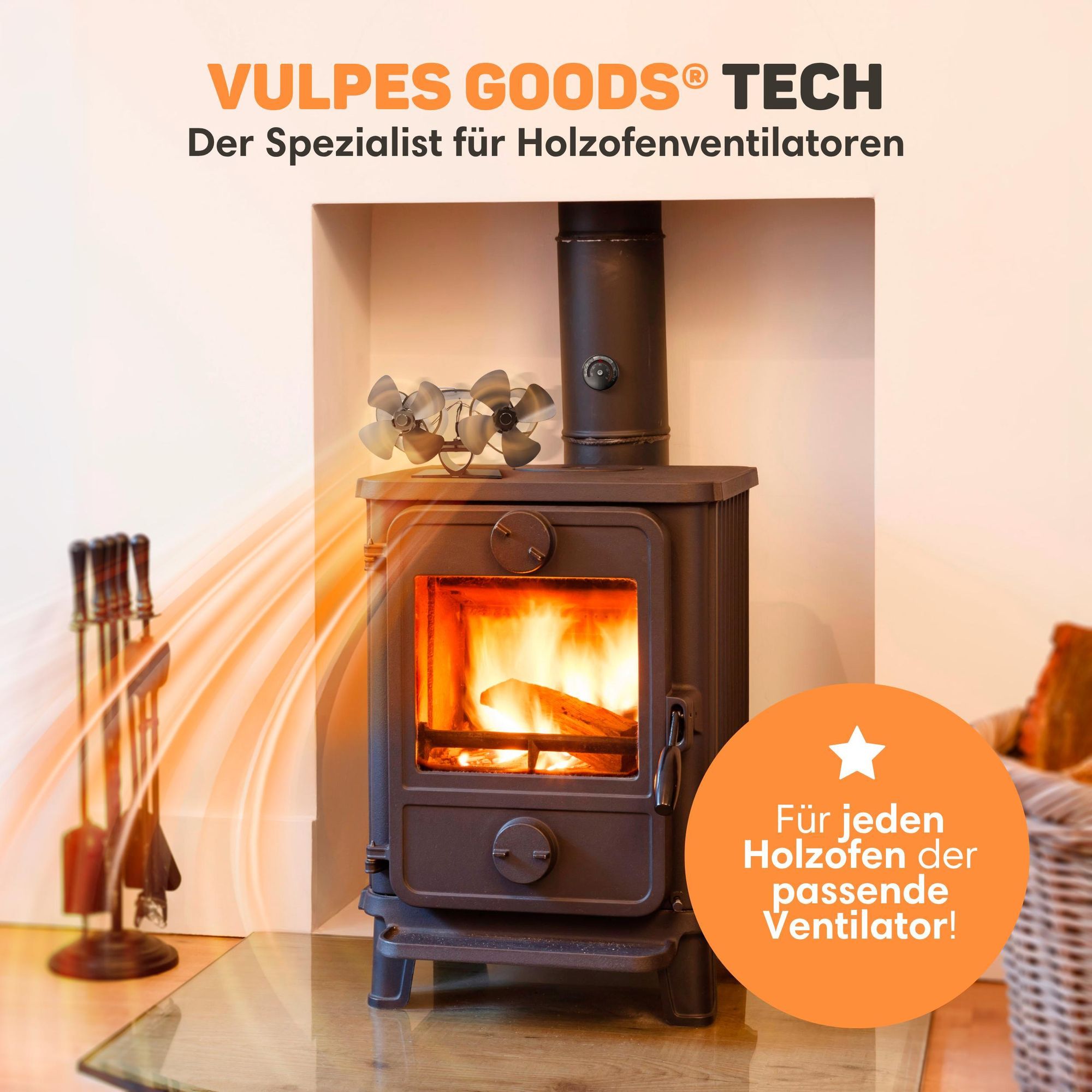 Vulpes Goods Heizungsventilator | Ventilator für Holzofen In freistehendem Design | Kaminventilator - schnelleres Aufheizen des Raumes / Blätter