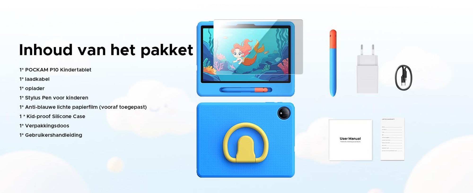 POCKAM P10 kinder tablet, 10,1 inch, met Gemini AI, Android 16, 32 (6+26) GB RAM + 64 GB ROM/TF 2TB, 7000mAh, WiFi tablet voor kinderen, met kindvriendelijke hoes en stylus