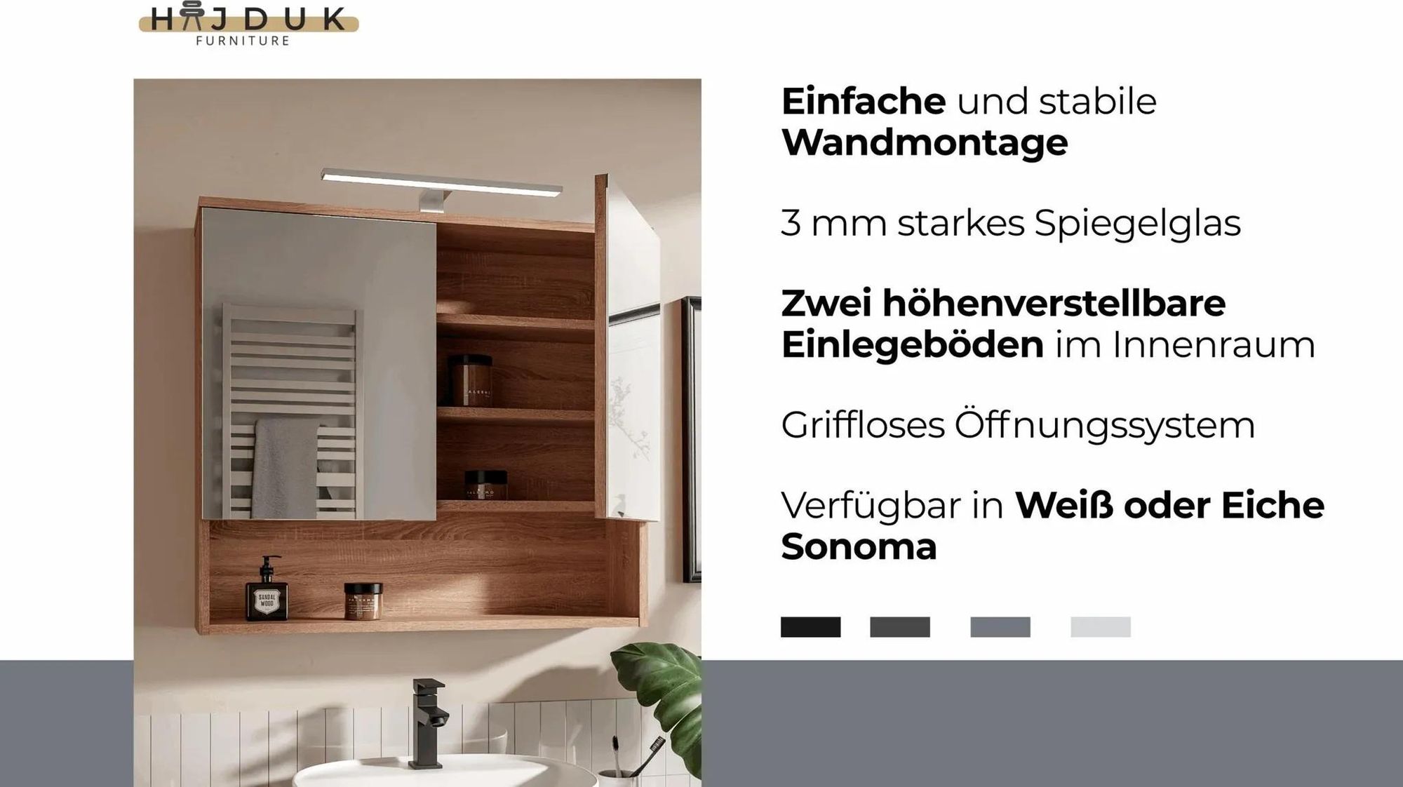 HAJDUK FURNITURE Eiche Sonoma 78x70 cm Spiegelschrank Bad mit LED Beleuchtung IP44 4000K Bad Spiegelschrank mit 2 Türen und Ablage Grifflose Öffnung