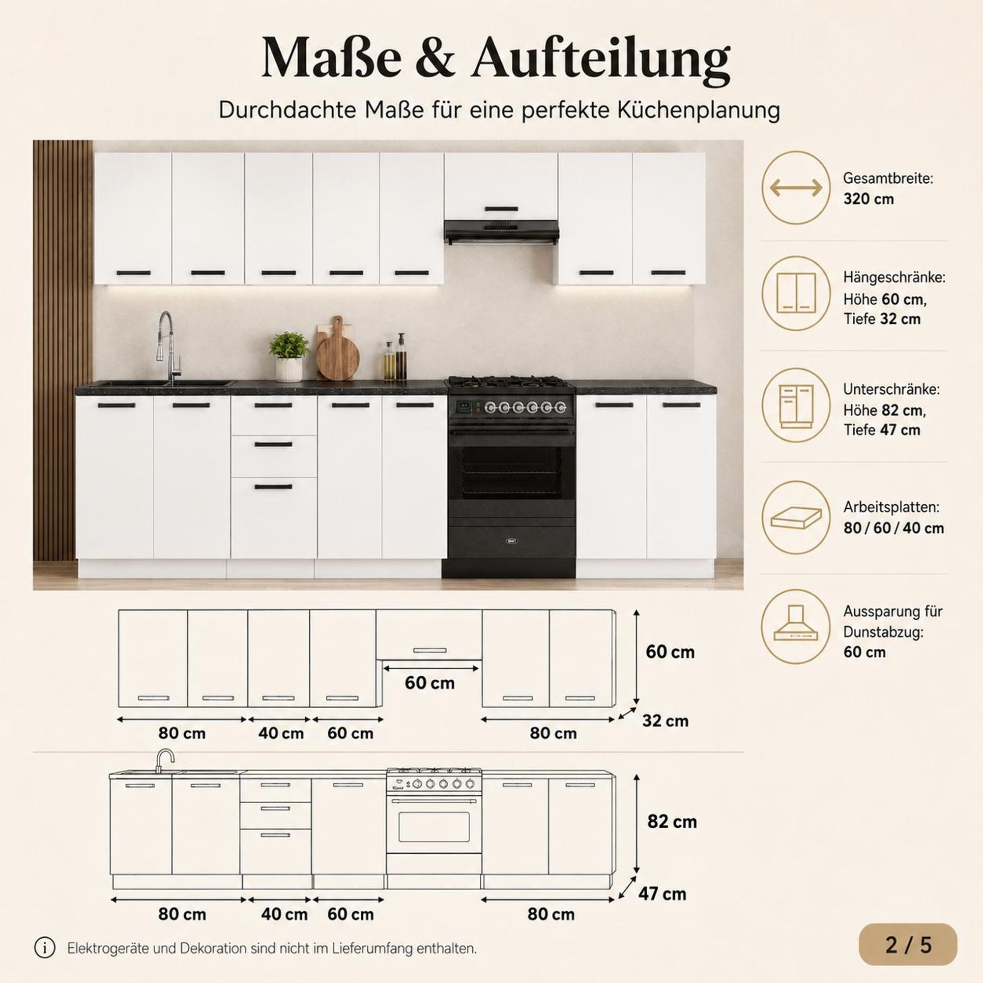 Küchenzeile 320 cm Weiß Matt: Maße, Hängeschränke & Unterschränke