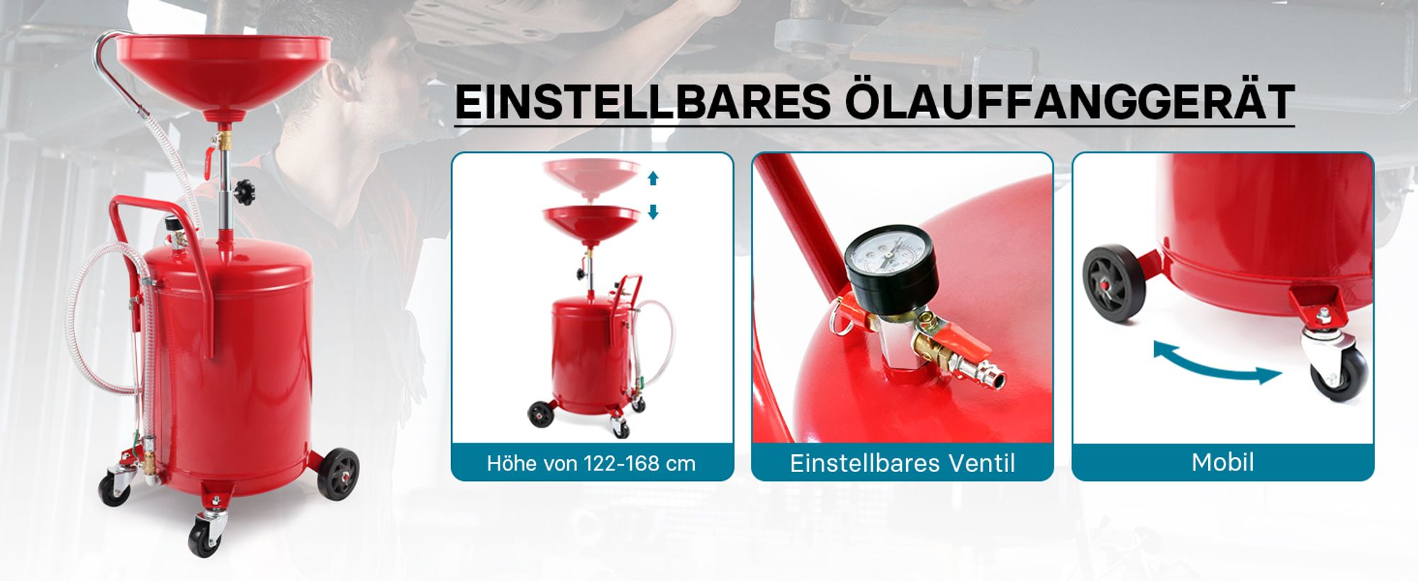 Ölauffanggerät für 80l, höhenverstellbar 122-168 cm mit 4-Rad-Fahrwerk, Entleerung mittels Luftdruck