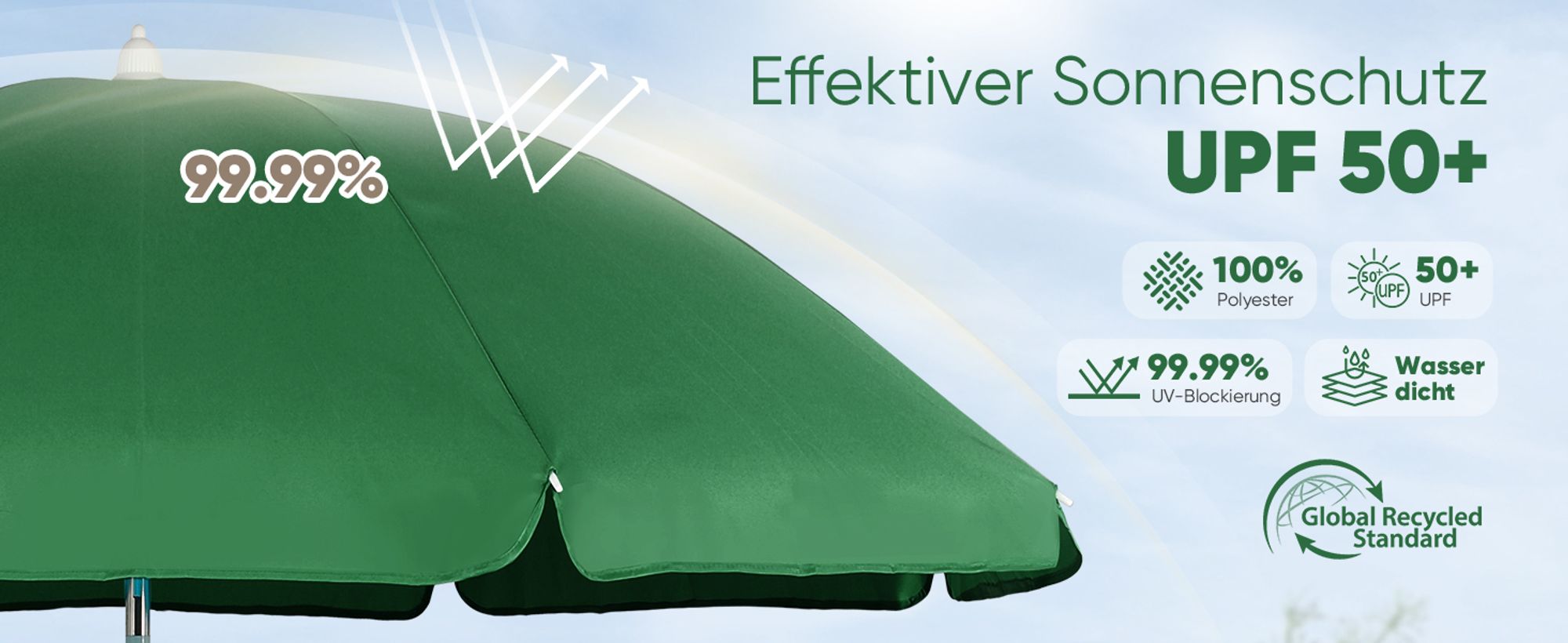 Sekey Sonnenschirm Rund Ø180cm Gartenschirm UV Schutz 50+ Strandschirm mit erdspieß & Schutzhülle, Neigungswinkel und Höhe verstellbar