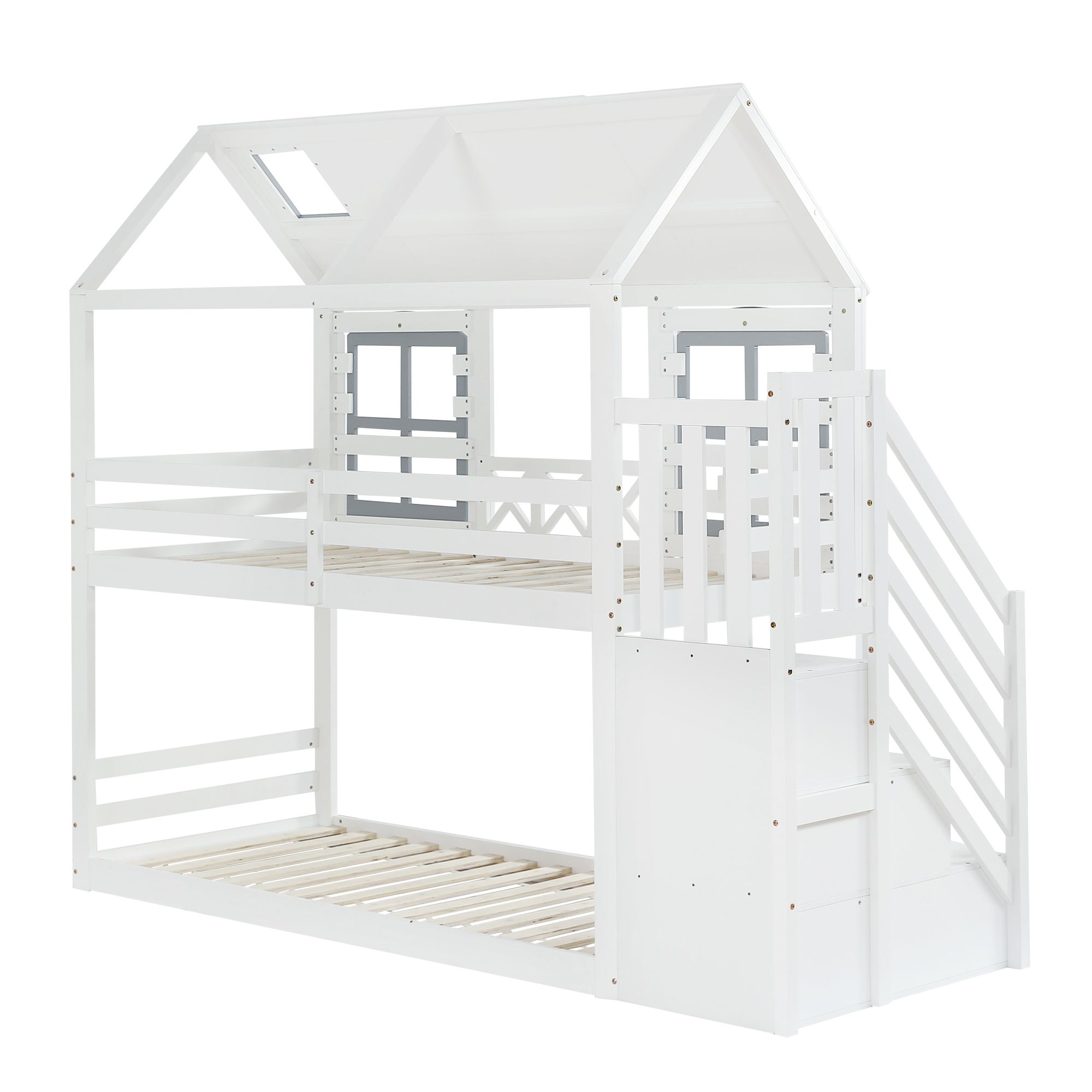 Flieks Etagenbett 90x200cm für 2 Kinder, Kinderbett Hausbett mit Fenster & Dach, Hochbett Stockbett Bodenbett mit Rausfallschutz und Lattenrost, Weiß