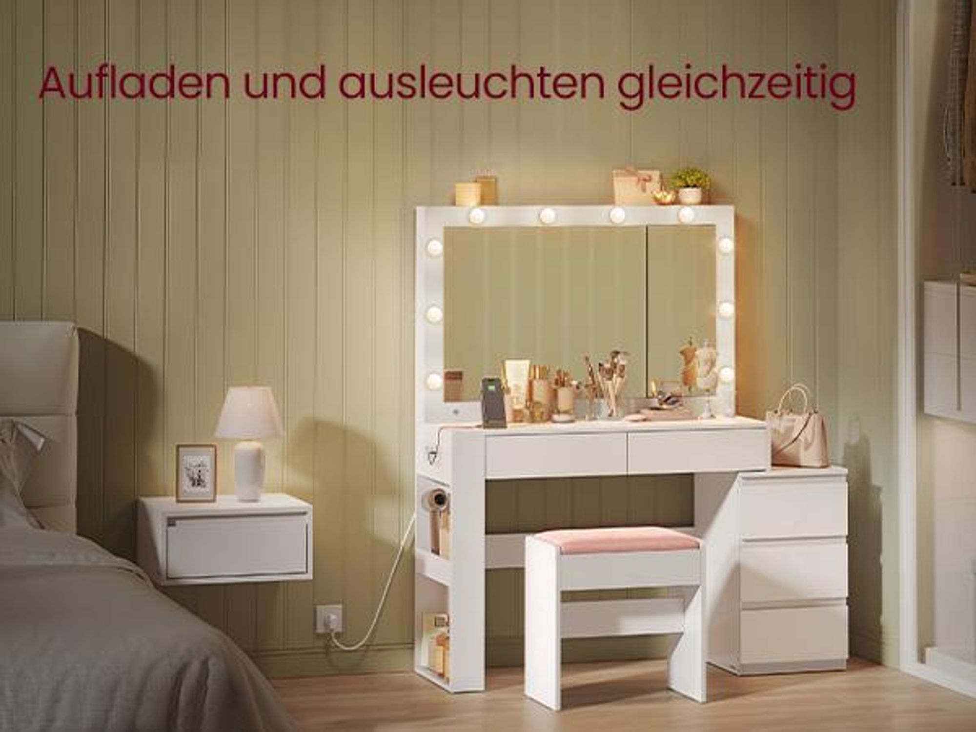 VASAGLE Schminktisch Frisiertisch mit Schubladen, Schmuckschrank, Steckdosenleiste,  LED-Beleuchtung