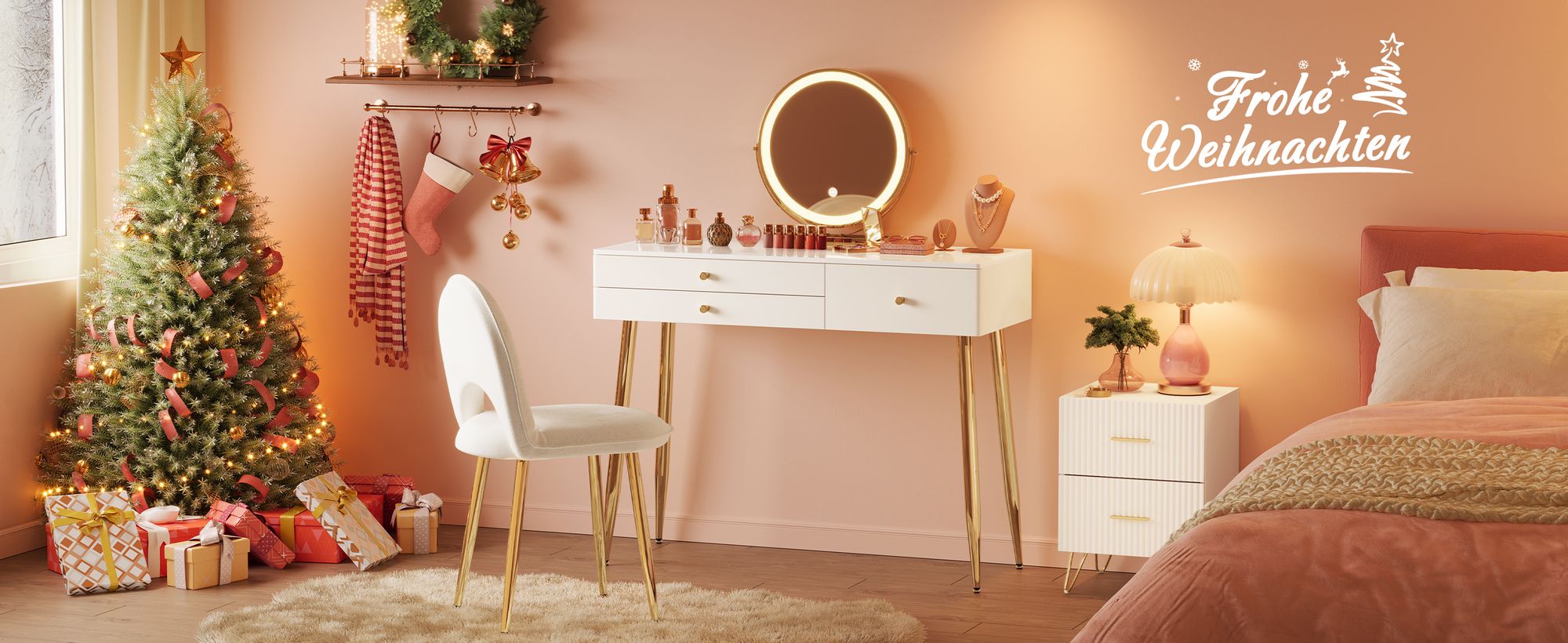 WOLTU Schminktisch mit Beleuchtung, einstellbare LED Spiegelleuchte, Frisiertisch mit 3 Schubladen, große Tischplatte 100x40 cm, Kosmetiktisch mit Samthocker, Weiß+Creme+Gold