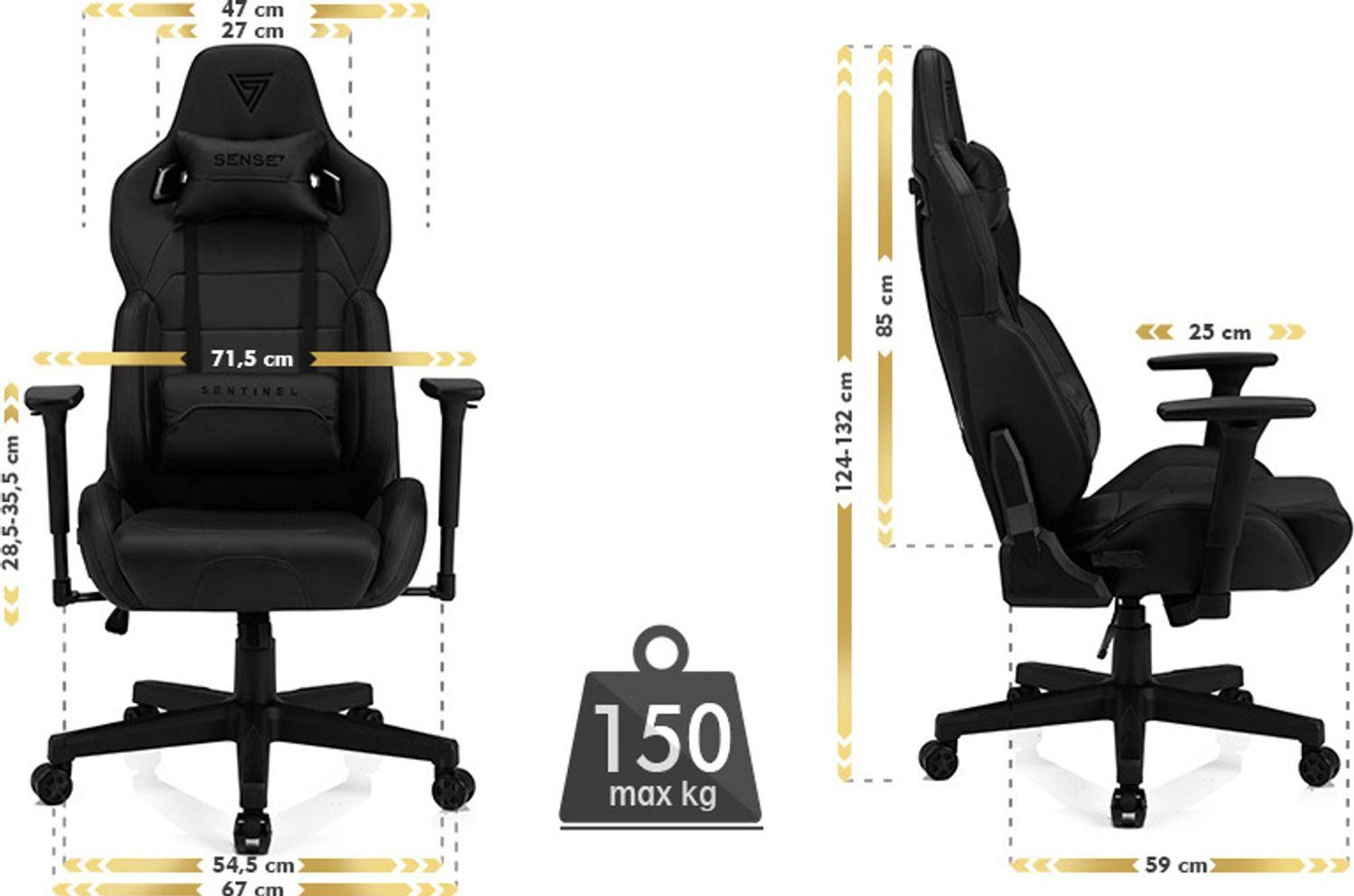 Fotel gamingowy SENSE7 Sentinel czarno-szary – ergonomiczny fotel biurowy, fotel przy biurko, nośność 150 kg, podłokietniki 3D, funkcja kołysania, fotel menedżerski, fotel komputerowy