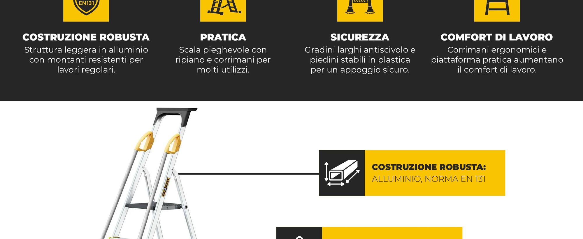 Drabest | Scala - 8 gradini, portata 150 kg - Scala con corrimano, scala in alluminio, piedini antiscivolo, scala a gradini, scala pieghevole