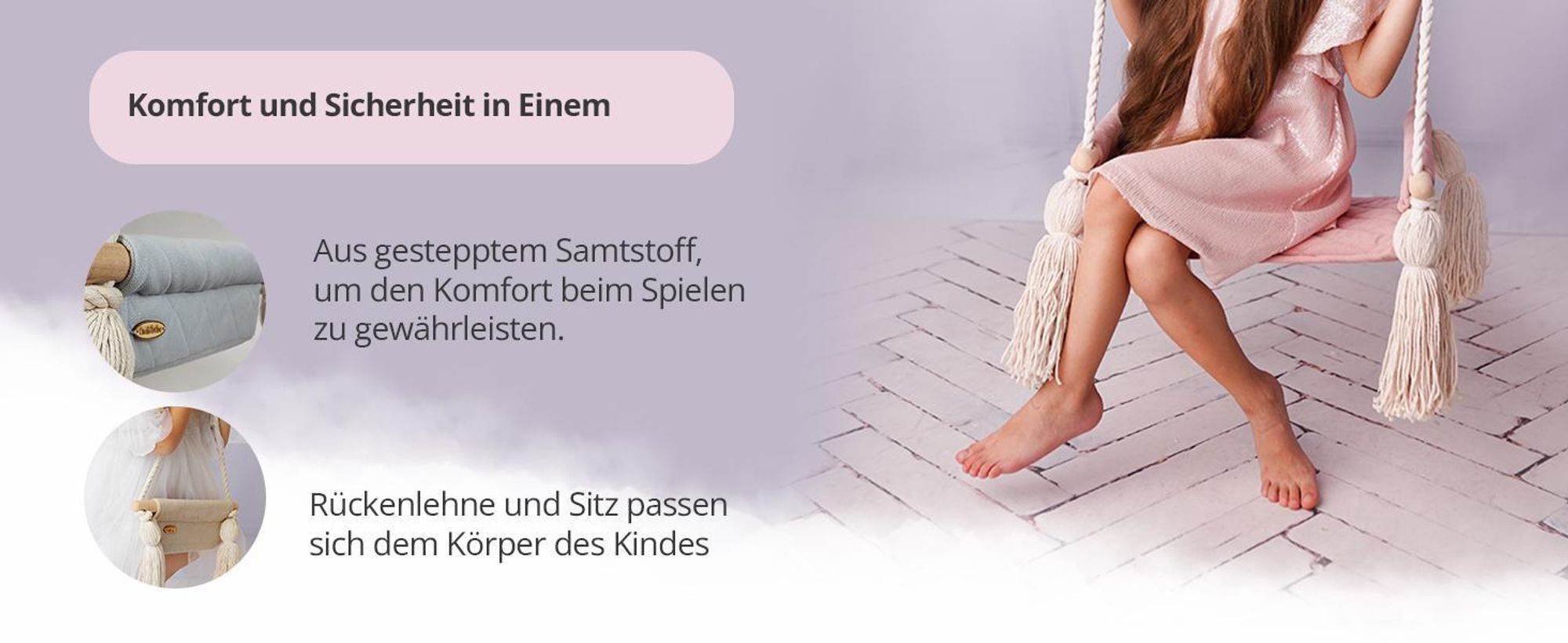 Create for you® - Holzschaukel für Kinder mit Baumwollseil, Kinderschaukel, Indoor-Sitz mit Weichem Material, Höhenverstellbar, Beige