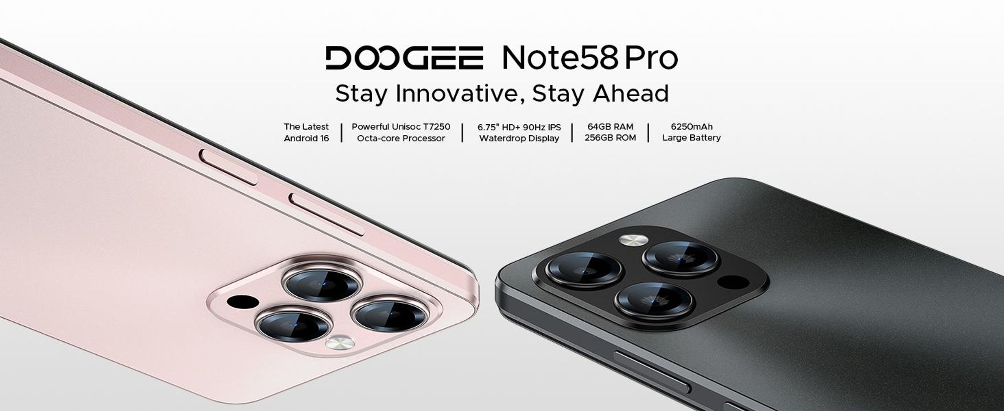 DOOGEE Note58 Pro, smartphone, Android 16, 6,75" displej s obnovovací frekvencí 90 Hz, baterie 6250 mAh, 64 GB RAM + 256 GB interní paměť, 4G, 16MP fotoaparát, NFC, čtečka otisků prstů, bez smlouvy