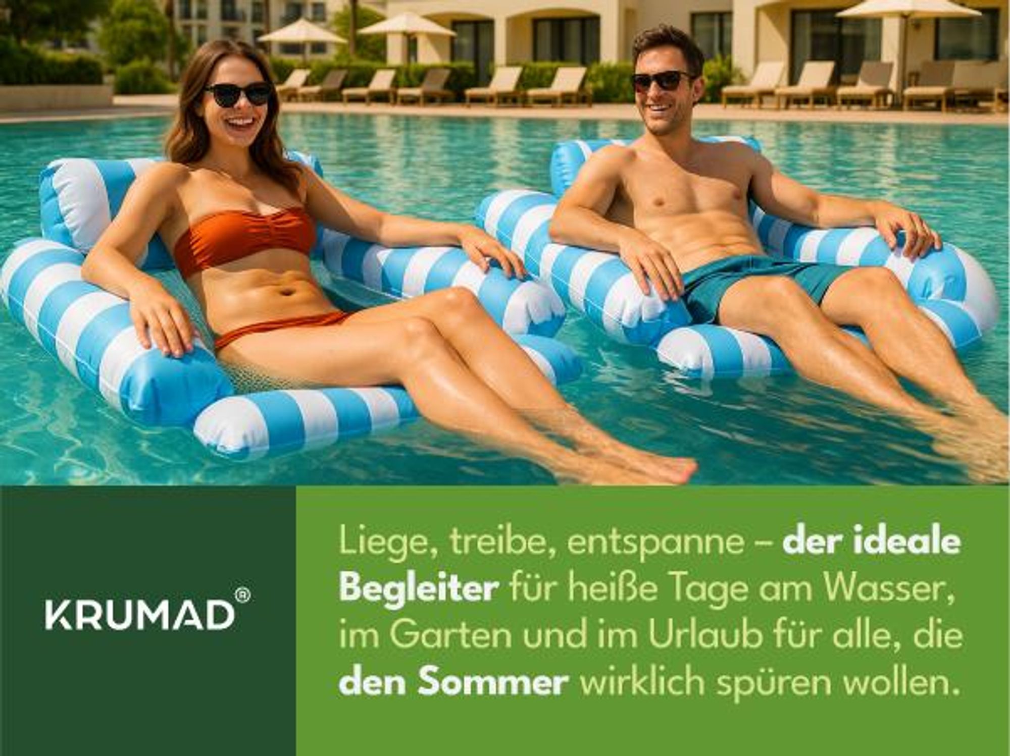 KRUMAD Wasserhängematte Aufblasbar 107x107 cm, Schwimmnetz mit Kopfstütze, Poolmatte für Erwachsene, Liege Wassermatratze Weiß-Blau
