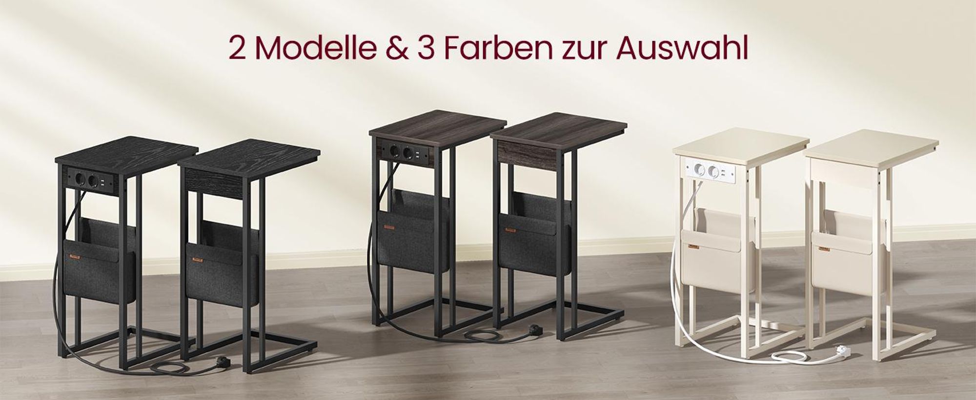 VASAGLE Beistelltisch mit Steckdosen, C Form für kleine Räume, 2 USB-Anschlüsse