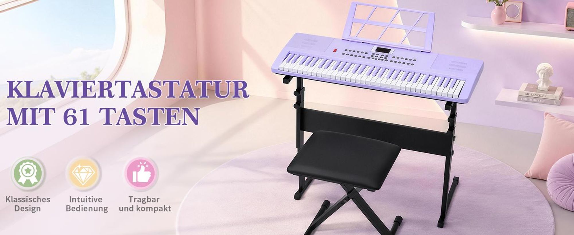 FCH 61 Tasten E Keyboard,Elektronisches Klavier, Digitalpiano Set,Keyboardständer, Keyboardbank und Mikrofon,Lila