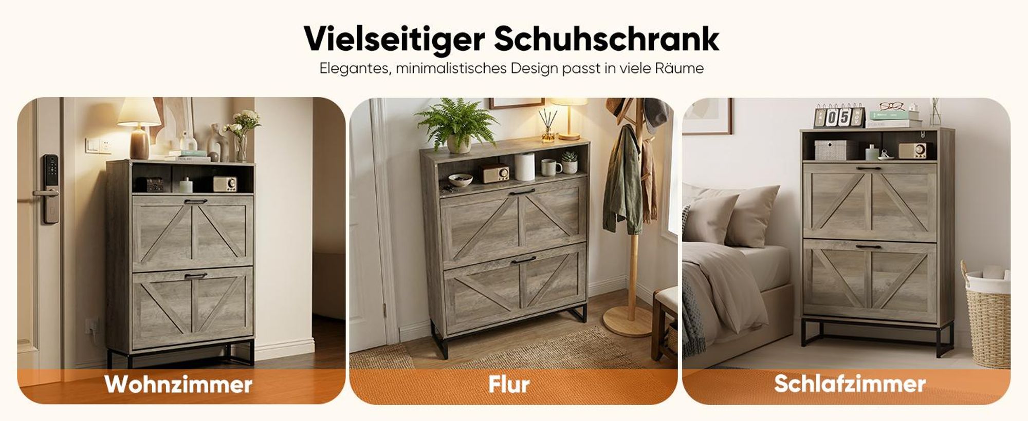 HOKEEPER Schuhschrank 2 Klappen, Schuhkipper, Shoe Cabinet, freistehendes schmales Schuhregal, Schuhkommode für Eingangsbereich, Landhausstil