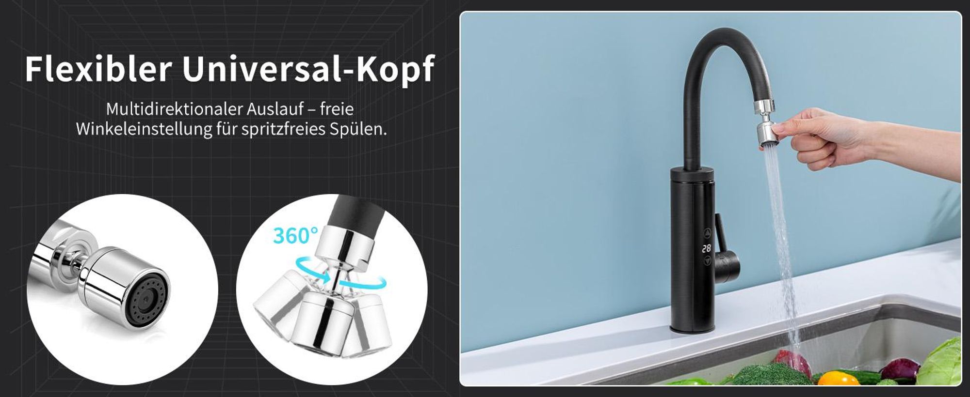 Elektrische Küchenarmatur mit Durchlauferhitzer,  Schwarz Wasserhahn Küche mit LED Temperaturanzeige，Smart Heater Wasserhahn 360° drehbar