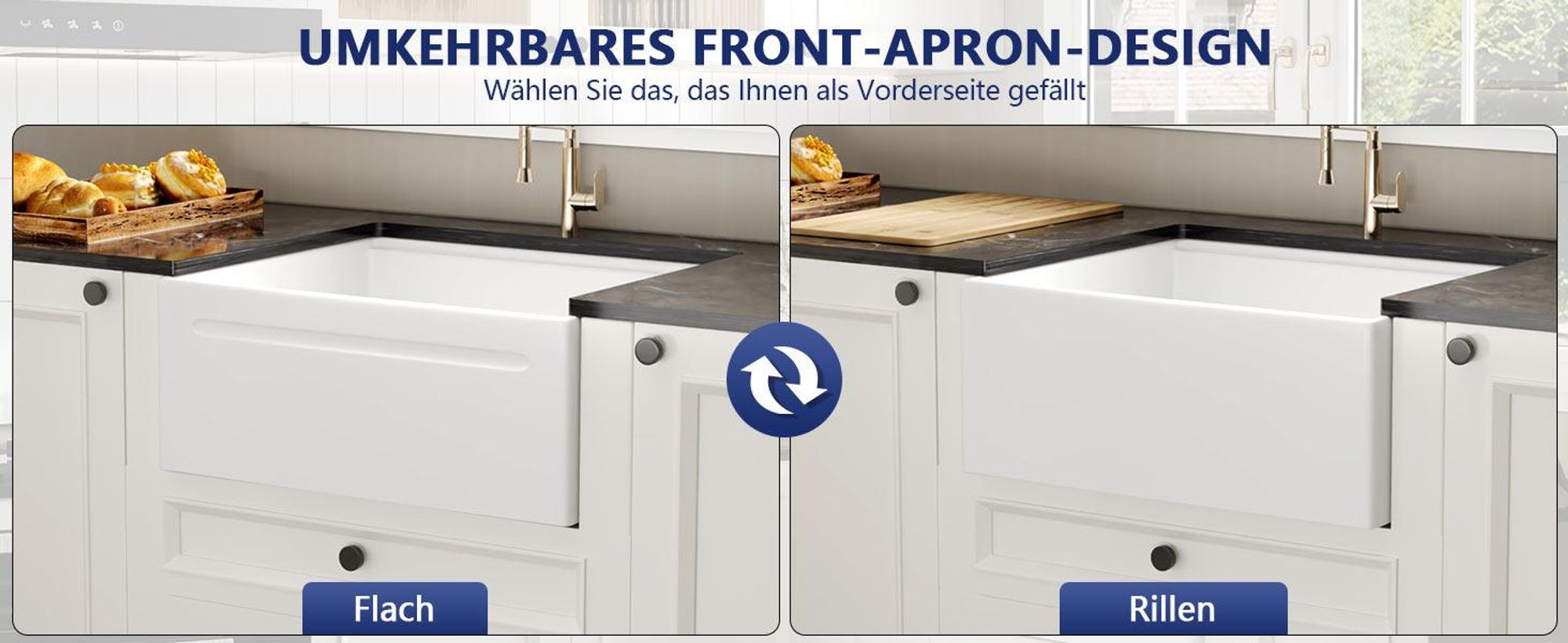 DeerValley Spülbecken DV-1K0256 (61x50,8x25,4 cm) – Umkehrbares Apron-Front Küchenspüle Einbauspüle, Einzelschale, Solides Feuerfestton, Glänzend Weiß