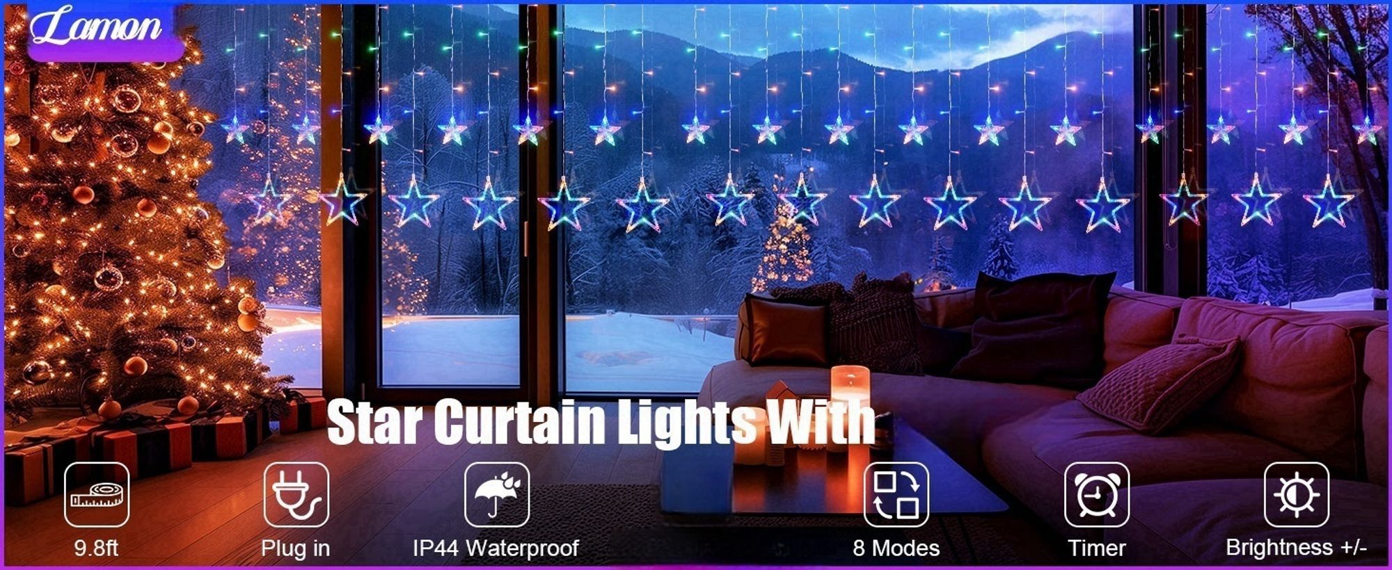 Lichterkette Sterne Strom 120 LED Weihnachtsbeleuchtung Fenster, 3.5x1m Lichtervorhang Fenster Weihnachten mit 12er Sterne,Weihnachtsdeko (bunt)
