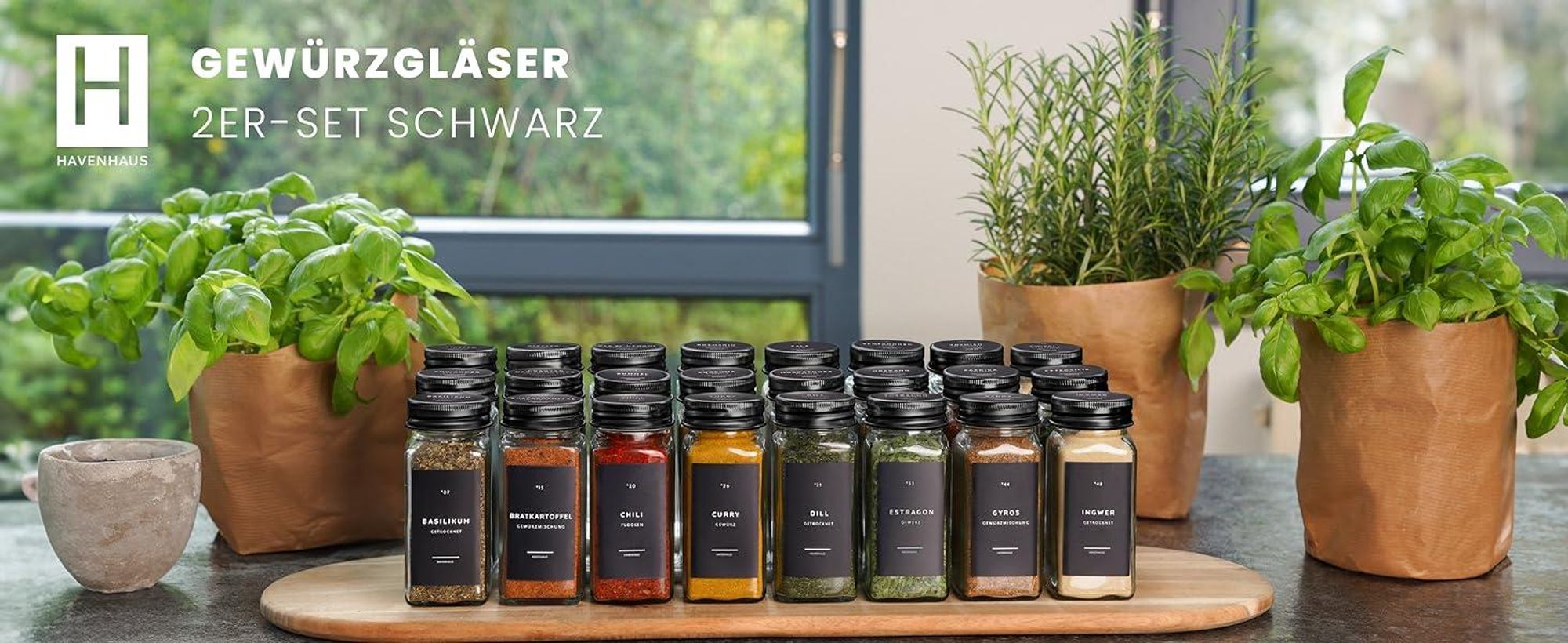 Gewürzgläser Set schwarz | 24 Gewürz Organizer inkl. 336 deutschen Gewürzetiketten | Gewürzgläser eckig mit Streuaufsätzen | Gewürze Aufbewahrung