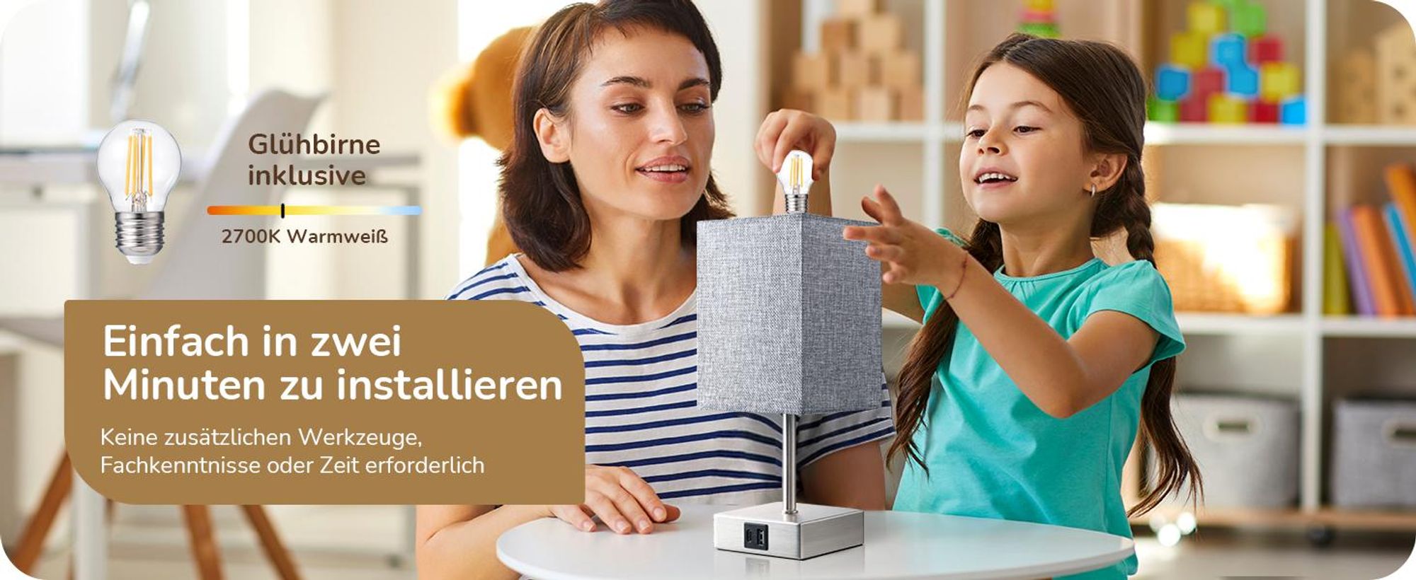 EDISHINE Tischlampe 2er Set Touch Dimmbar, Nachttischlampen mit Ladefunktion, Grau