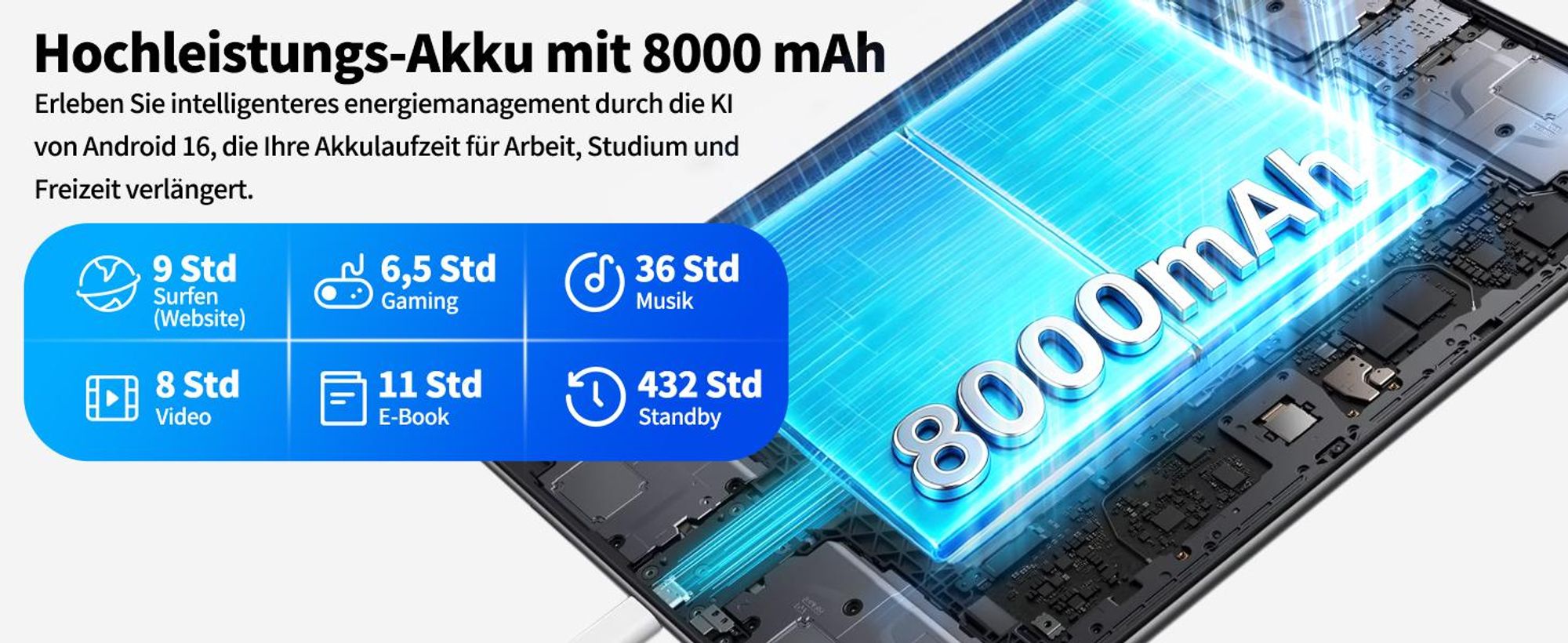 KOBONA-VEKFULPC T50 Tablet mit Stift, Android 16 und Gemini-KI, 11 Zoll, 5G wifi, 24GB(6+18)RAM+128GB, 8000mAh Reverse Charging
