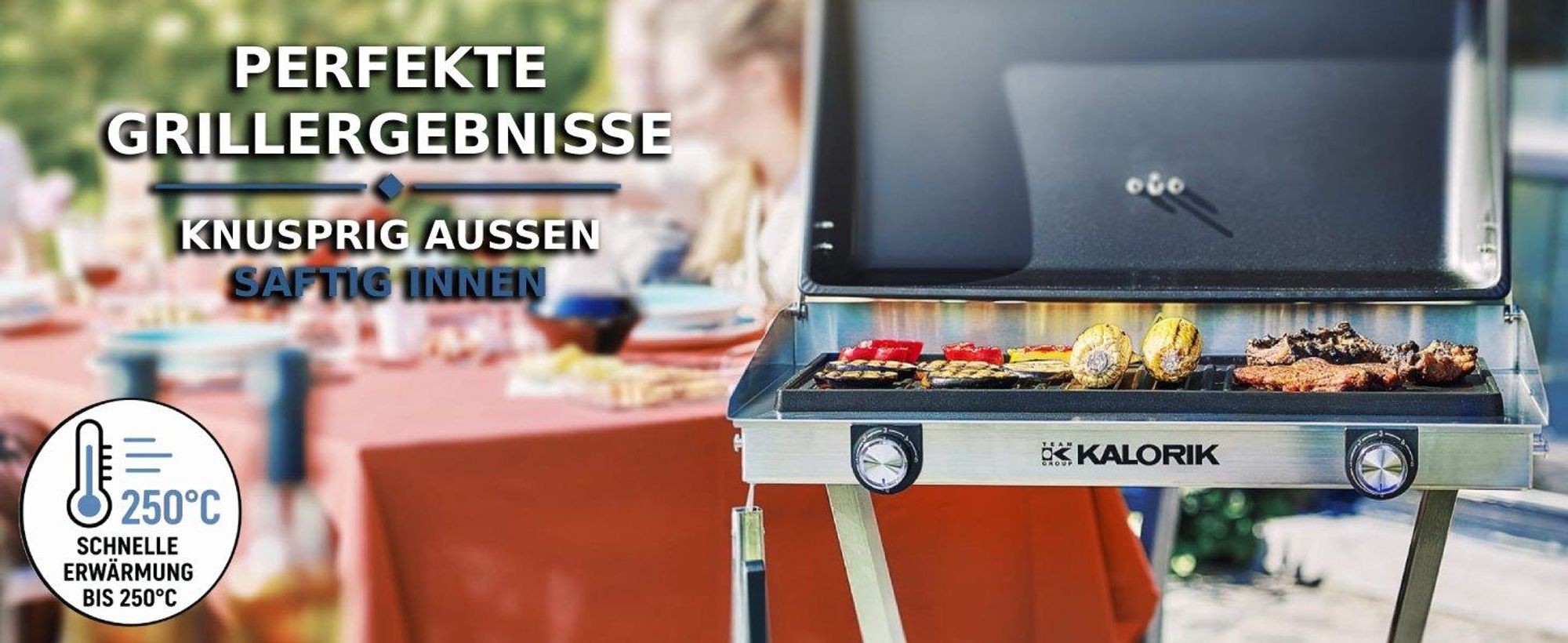 KALORIK Elektrogrill inkl. Abdeckung Edelstahl Gartengrill Barbecue-Grill Standgrill 2500W – XXL-Grillplatte 2 Zonen 58 cm IPX4