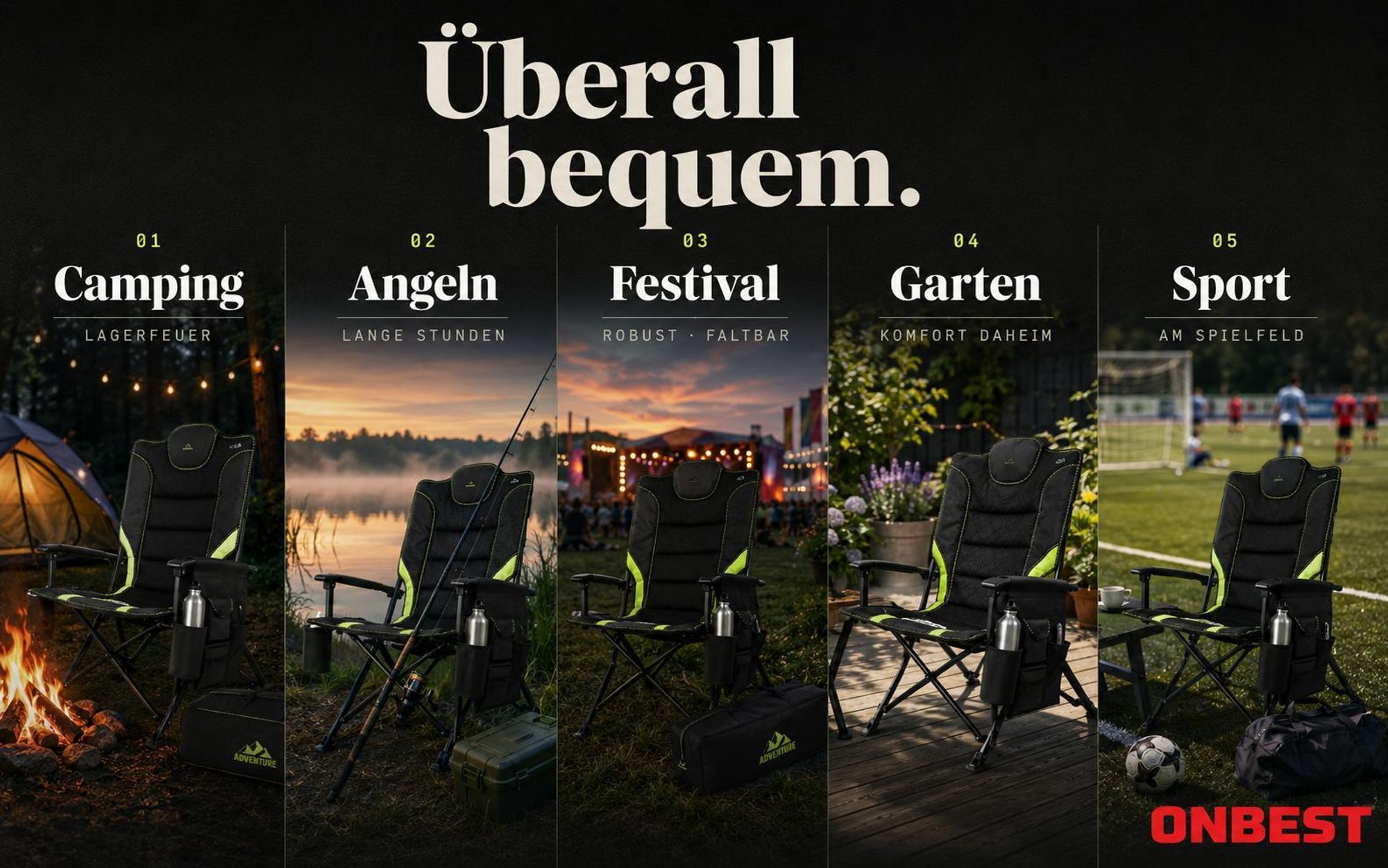 ONBEST Campingstuhl faltbar | 150 kg | inklusive Tragetasche | Rückentasche | Stahlgestell | Wasserabweisend