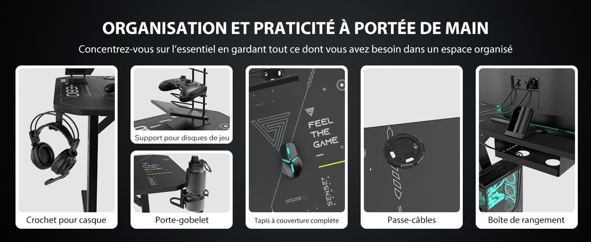 SENSE7 Nomad Table de jeu cybernétique Bureau 100 x 50 cm Tapis de souris XXL Table d'ordinateur Table PC Bureau de gamer Petit bureau Chambre d'ado Configuration PC