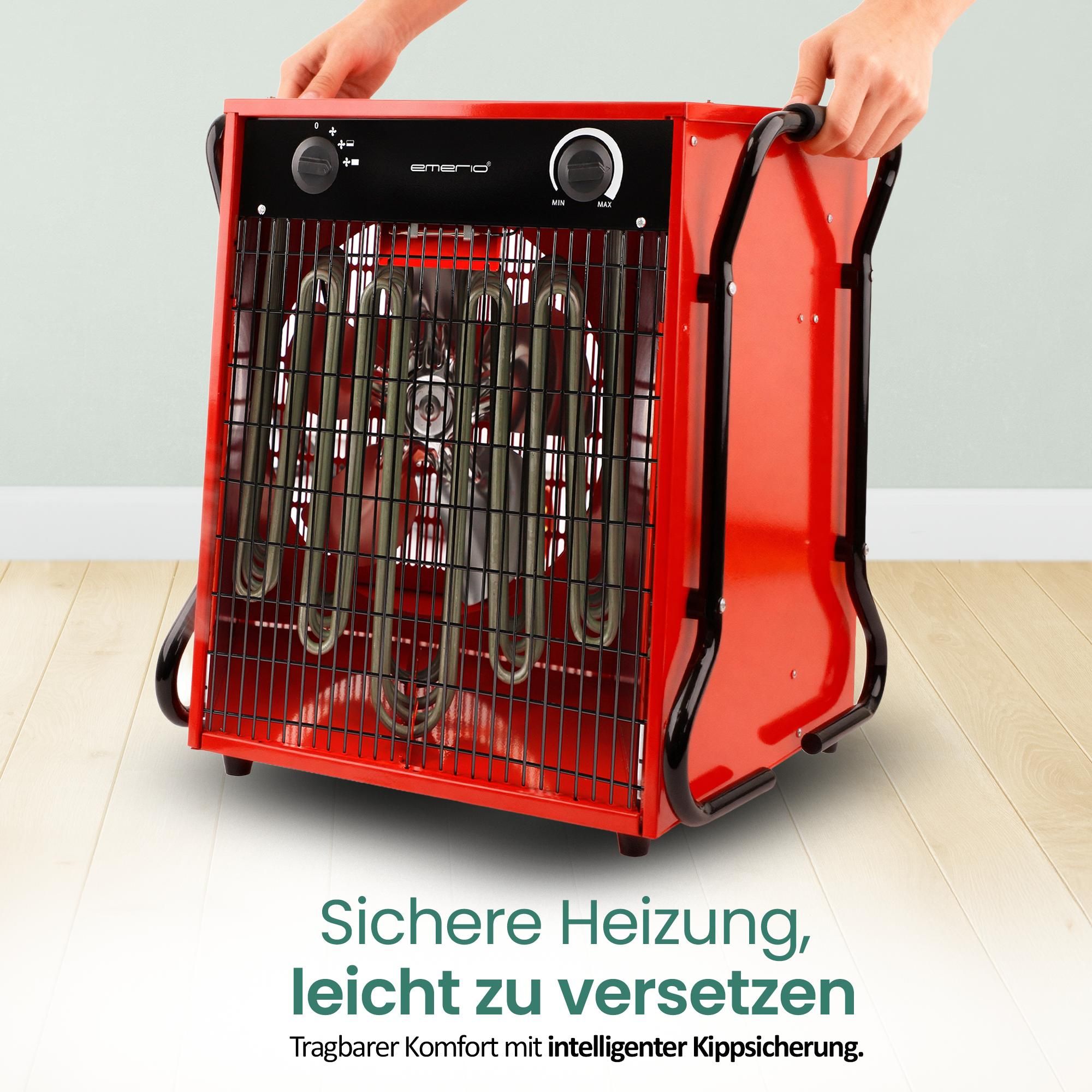 Emerio Power-Heizlüfter FH-117330 – Bauheizer – 150 m² - 15.000 W – 400 V – 2 Heizstufen – einstellbarer Thermostat - IP24 - Kippschutz