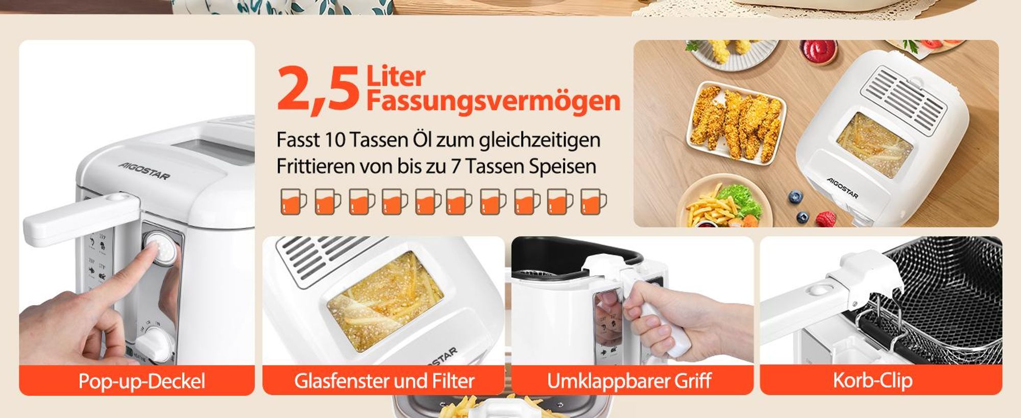 Aigostar - Fritteuse mit öl, Fritteuse mit Sichtfenster, Emperaturregelung, Kontrollleuchte, 1650W, 2.5L