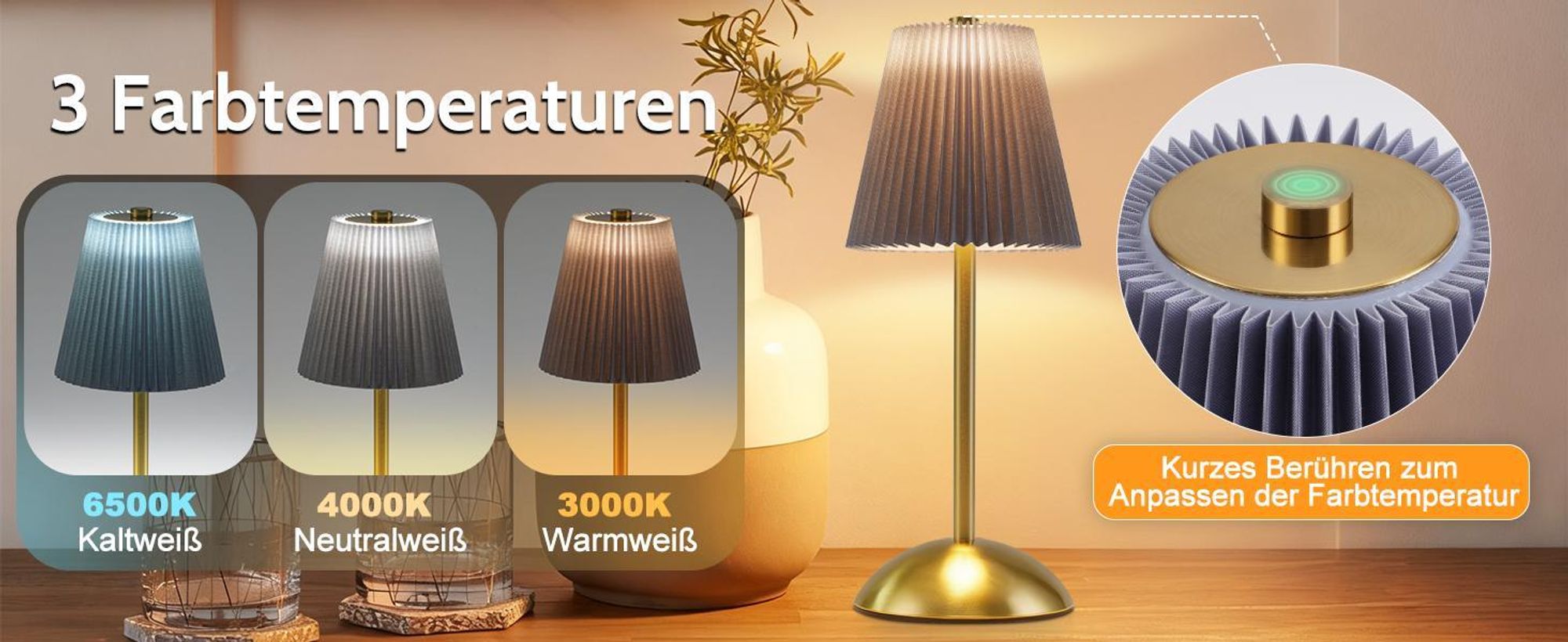 ZMH noční lampa sada 2 stolních lamp dobíjecí LED stolní lampa bezdrátová stmívatelná dotyková lampa do ložnice s USB látkové stínítko noční lampa
