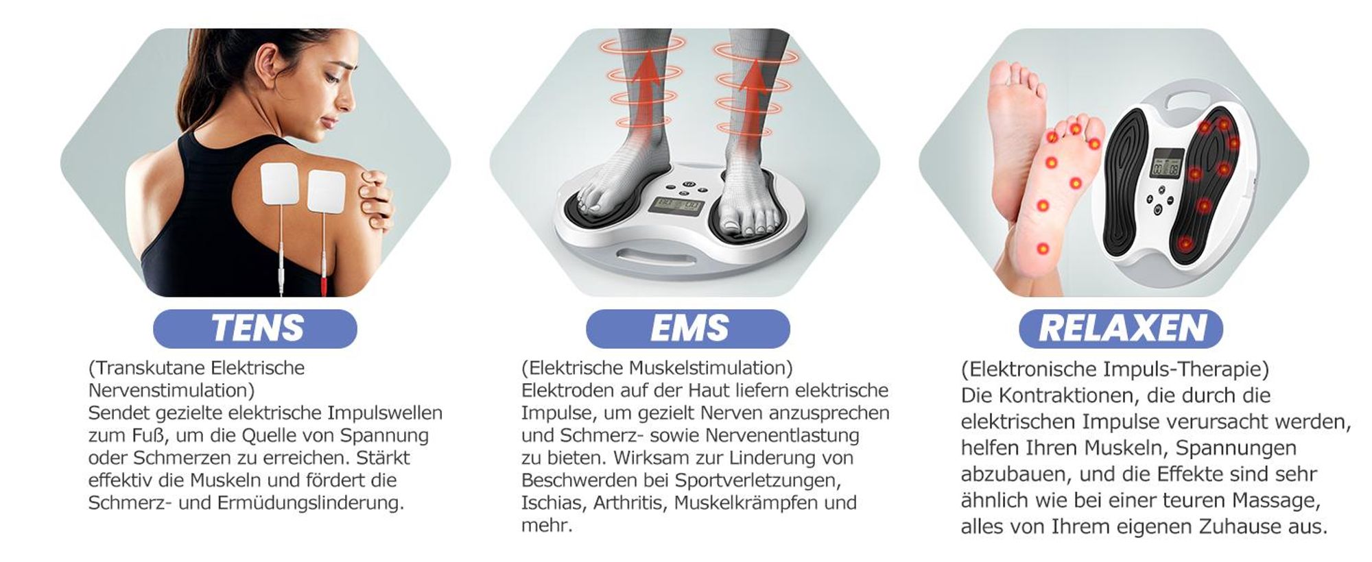 EMS Durchblutungsstimulator Fußmassagegerät | Reizstromgerät gegen Neuropathie & Schwellungen | Inkl. 4 TENS-Pads für Füße & Beine