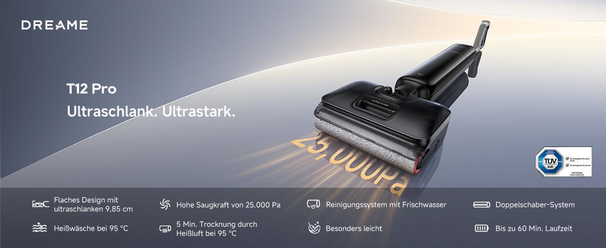 DREAME T12 Pro Nass-und Trockensauger,9.85cm Ultraschlank,25kPa Saugkraft,Kabellos,95°C Heißwäsche&Heißlufttrocknung,Verwicklungsfrei,60Min,Dunkelgrau