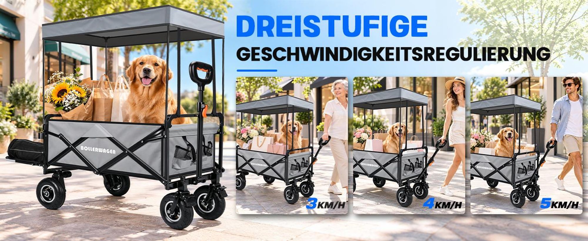 Elektro Bollerwagen mit Schutzdach & Luftbereifung | 2×2,0AH Akku & 2×50W Motor |240L 120KG| für Makita Akku | Faltbollerwagen für Camping Einkauf