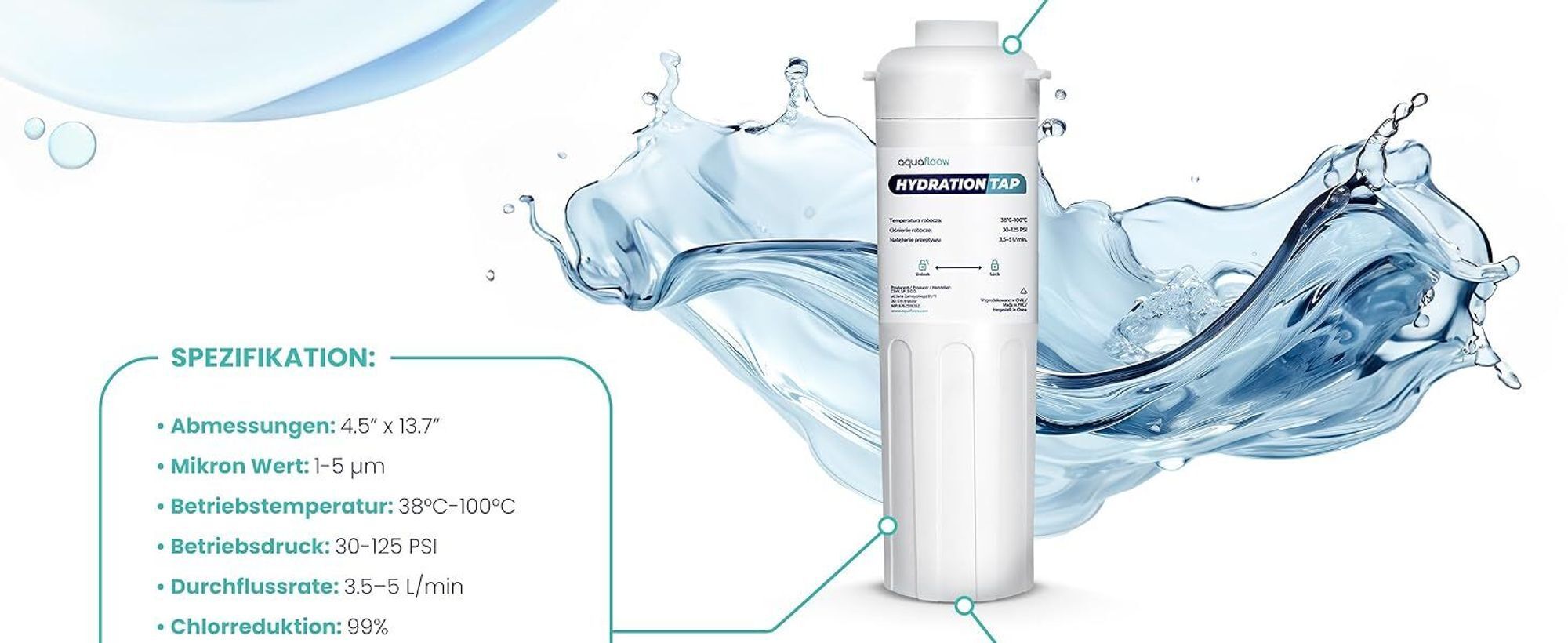 Aquafloow Untertisch-Wasserfilter – 2er Set Ersatzfilter 13,7″ – reduziert Chlor & Verunreinigungen – Sauberes Trinkwasser direkt aus dem Hahn