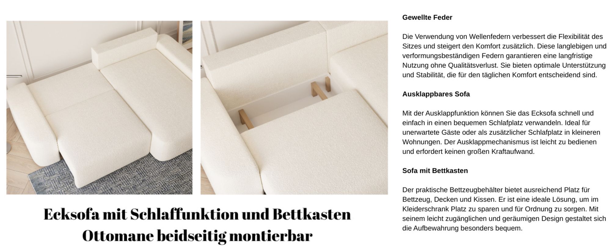 MOEBLO Ecksofa Lisbon – Ottomane beidseitig montierbar, Ecksofa aus Bouclé, Couch für Wohnzimmer, Schlafsofa Sofagarnitur Sofa Eckcouch L-Form, mit Bettkasten und Schlaffunktion - Creme (Anthology 20)