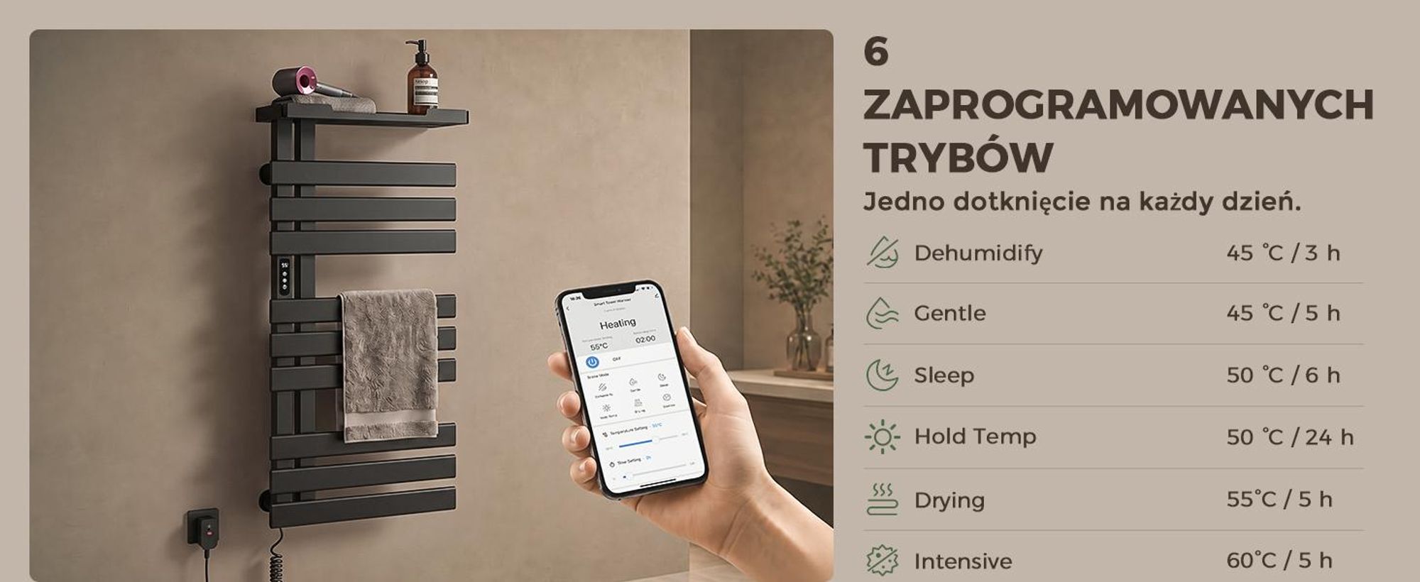 S'AFIELINA Grzejnik Łazienkowy Elektryczny 1050×500 mm 335 W Czarny, Grzejnik na Ręczniki z Półką, WiFi, Ogrzewanie Włóknem Węglowym, 6 Trybów