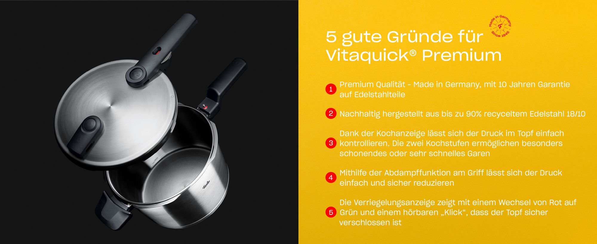Fissler Schnellkochtopf Vitaquick 3,5 L – Edelstahl, Induktion, 2 Garstufen, Germany