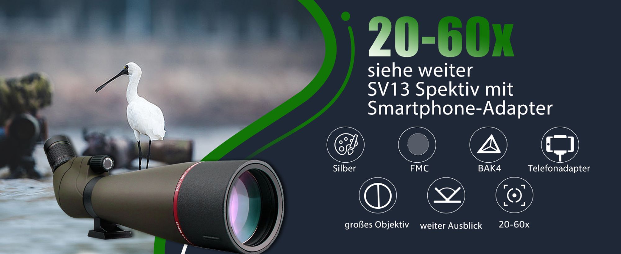 Svbony SV13 20-60x80 Spektiv mit Smartphone Adapter, HD Wasserdicht Spotting Scope Monokulare Ferngläs mit Tragetasche, FMC Optik Abgewinkelt Teleskop