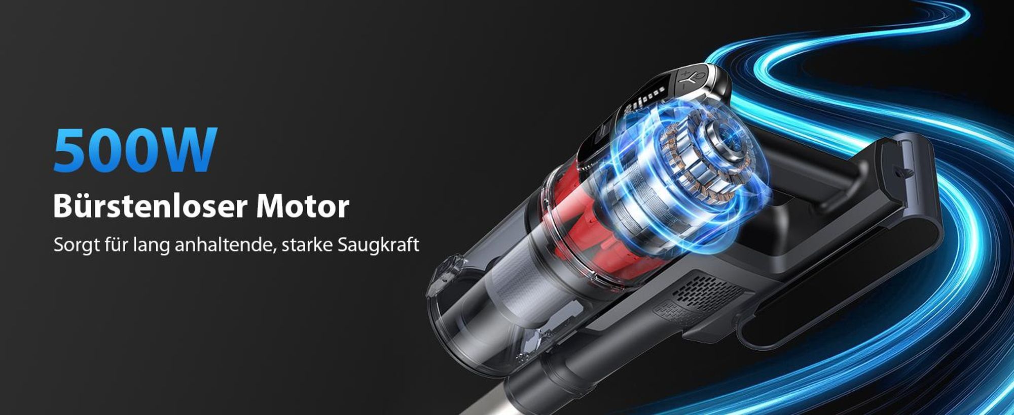 Akku Staubsauger Kabellos 85kPa/65Min, Akkustaubsauger beutellos mit AUTO-Modus, HEPA-Filter, LED-Bodenbürste für Tierhaare, Teppich & Hartboden